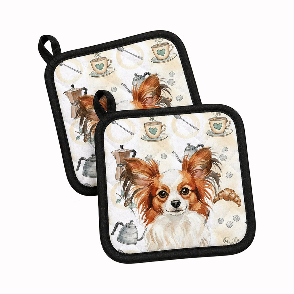 White with Red Papillon Coffee Bar Pot Holder Set of 2 Heat Resistant Quilted Hot Pads 7.5 x 7.5 Inch, Insulated Kitchen Trivets for Cooking & Baking