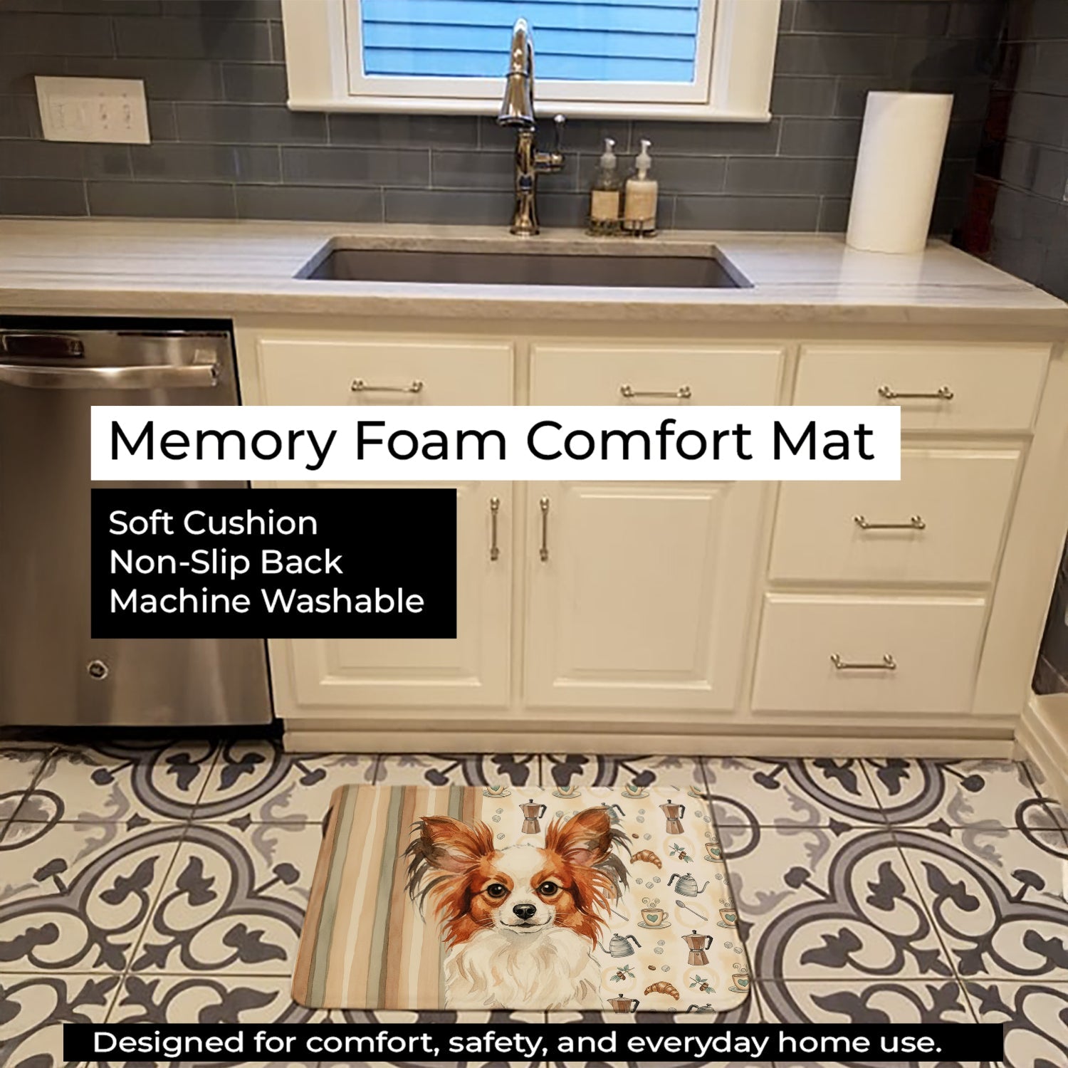 White with Red Papillon Coffee Bar Memory Foam Kitchen Mat Machine Washable Anti-Fatigue Cushion Comfort Bath or Kitchen Rug