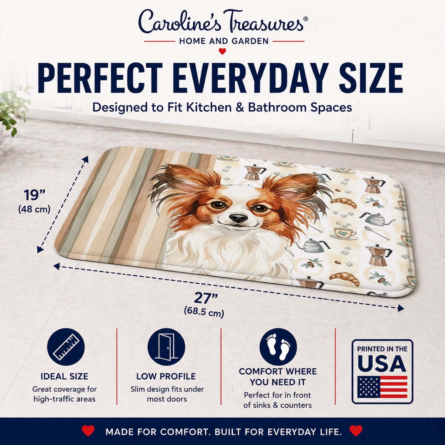 White with Red Papillon Coffee Bar Memory Foam Kitchen Mat Machine Washable Anti-Fatigue Cushion Comfort Bath or Kitchen Rug