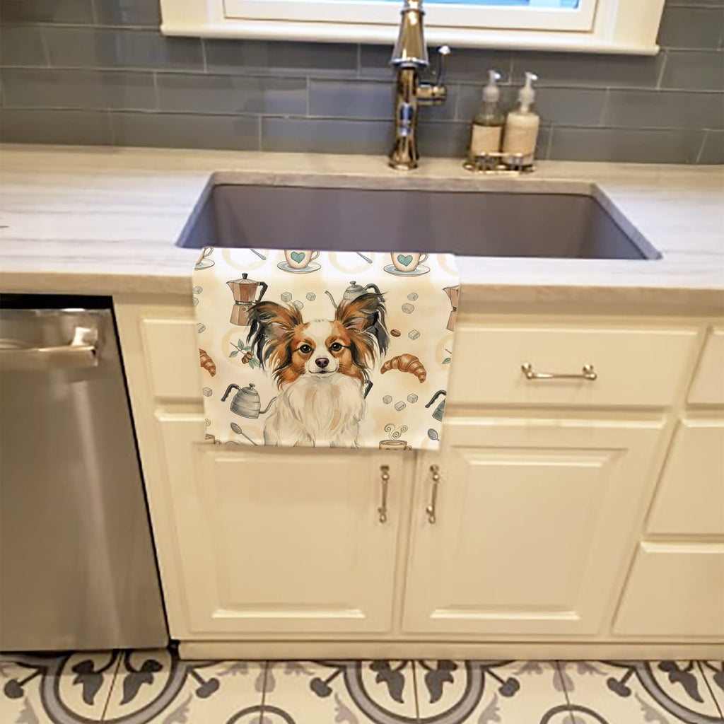 White with Sable Papillon Coffee Bar Kitchen Towel Velour Plush Front and Cotton Loop Back Machine Washable