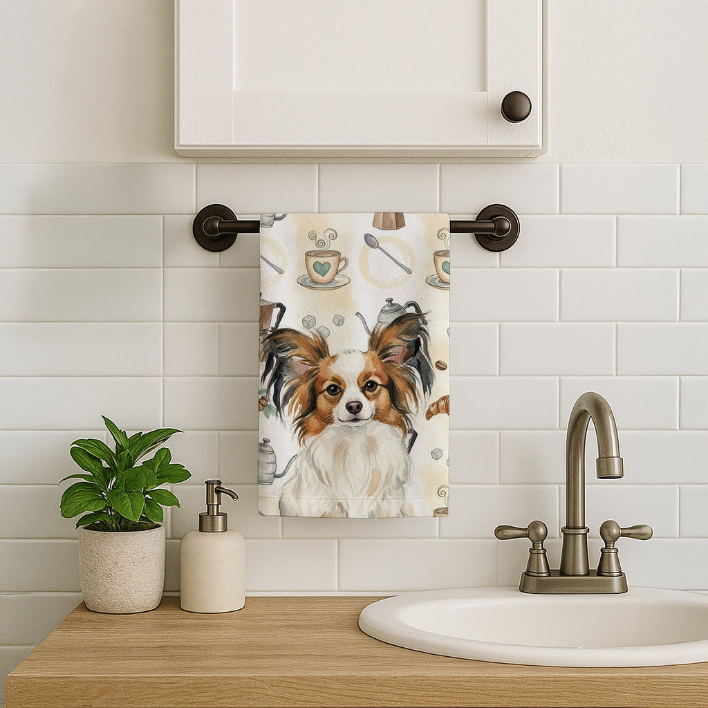 White with Sable Papillon Coffee Bar Kitchen Towel Velour Plush Front and Cotton Loop Back Machine Washable