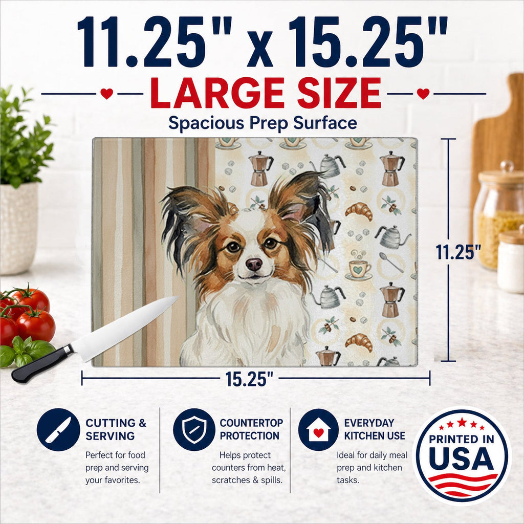 White with Sable Papillon Coffee Bar Cutting Board Tempered Glass Kitchen Cutting Surface, Heat Resistant Chopping, Non-Slip Feet, Food Prep & Serving