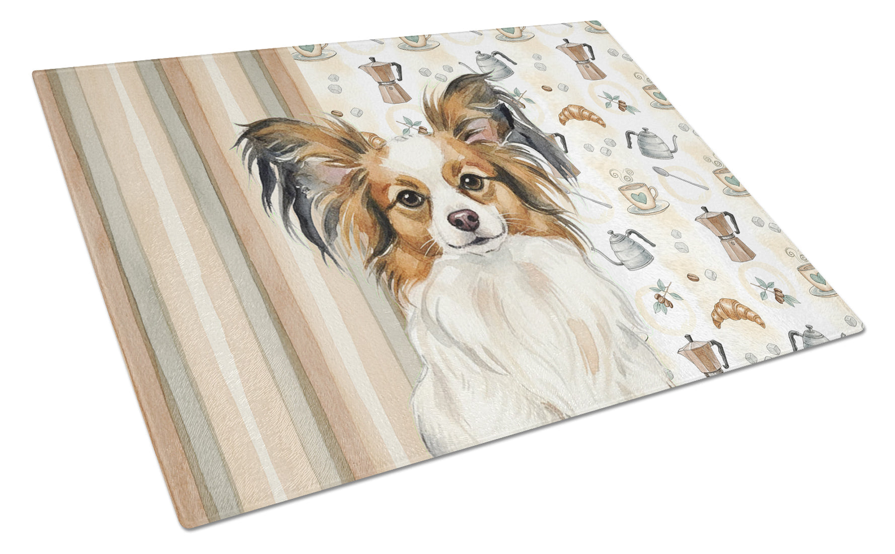 White with Sable Papillon Coffee Bar Cutting Board Tempered Glass Kitchen Cutting Surface, Heat Resistant Chopping, Non-Slip Feet, Food Prep & Serving