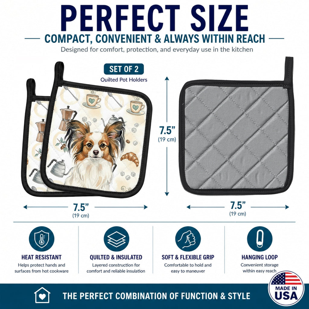 White with Sable Papillon Coffee Bar Pot Holder Set of 2 Heat Resistant Quilted Hot Pads 7.5 x 7.5 Inch, Insulated Kitchen Trivets for Cooking & Baking