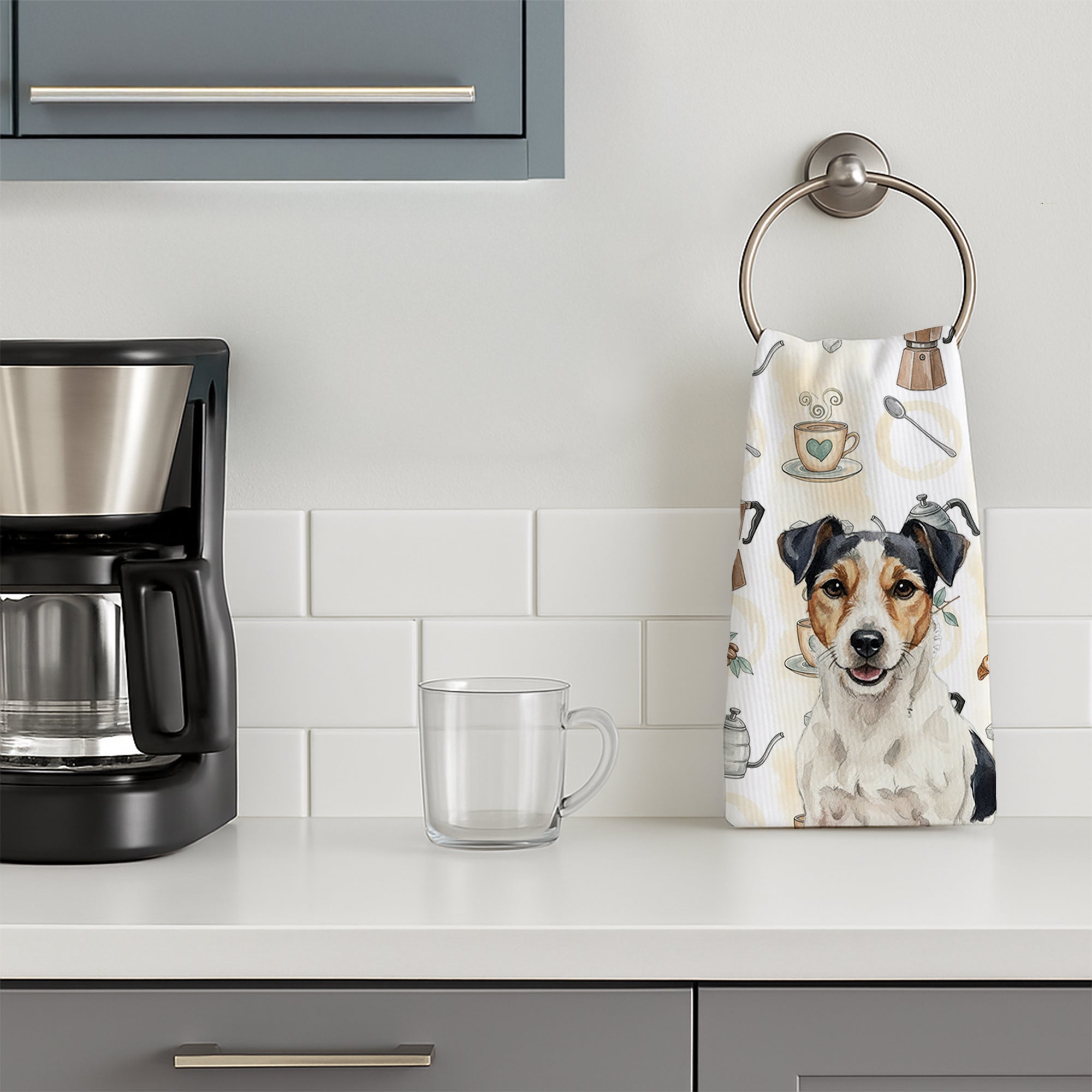 Parson Russell Terrier Coffee Bar Kitchen Towel Velour Plush Front and Cotton Loop Back Machine Washable