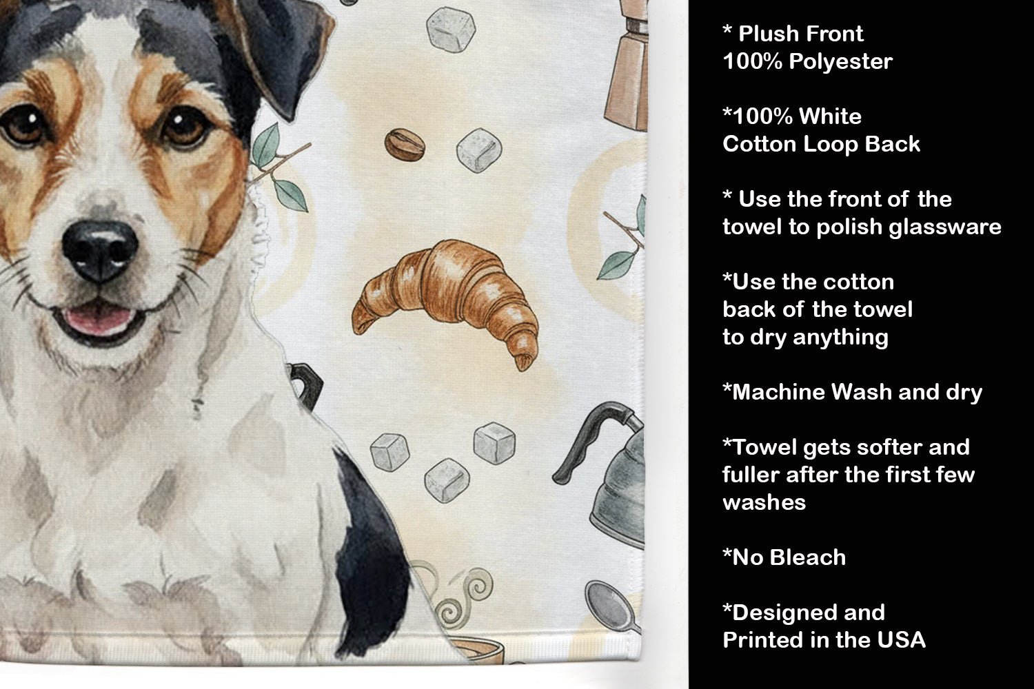 Parson Russell Terrier Coffee Bar Kitchen Towel Velour Plush Front and Cotton Loop Back Machine Washable