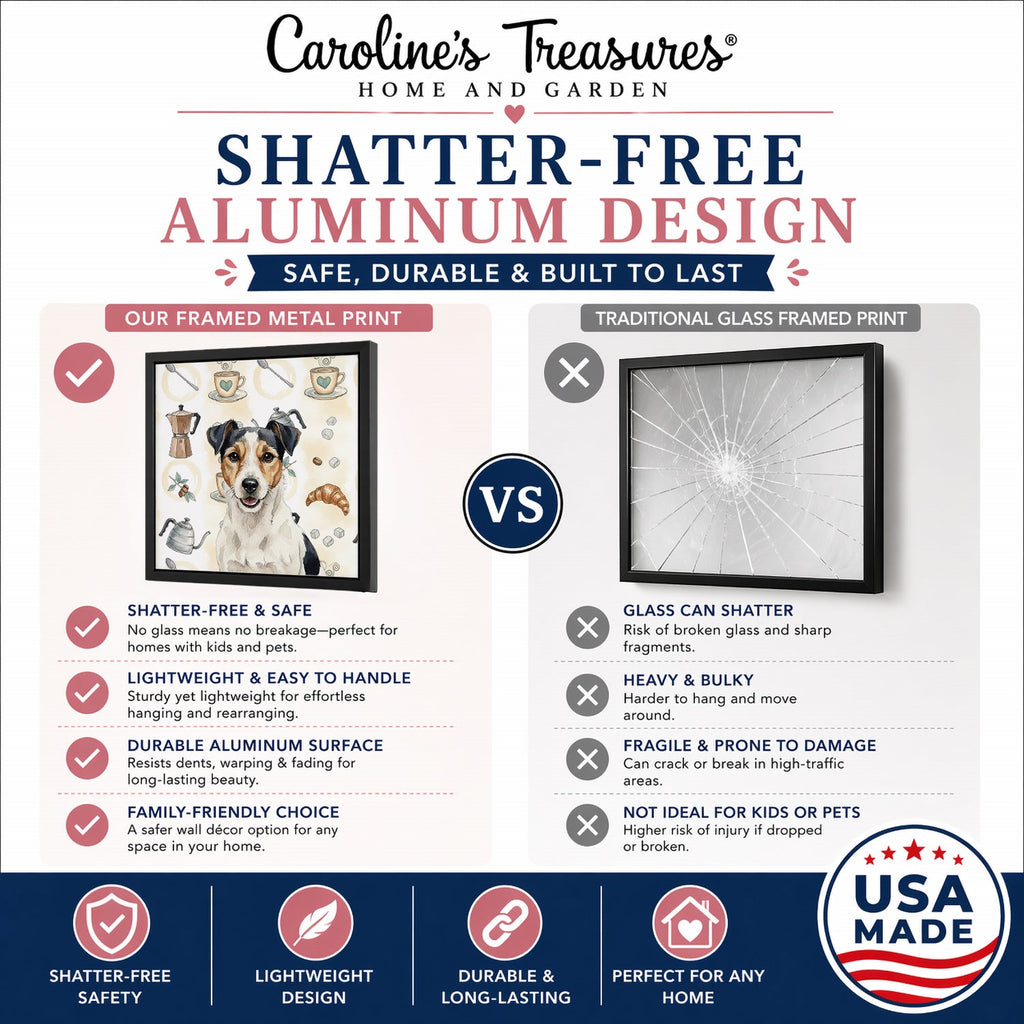 Parson Russell Terrier Coffee Bar Framed Metal Print Bathroom, Kitchen, Office, Home Decor Wall Art Ready to Hang, Square, 8X8
