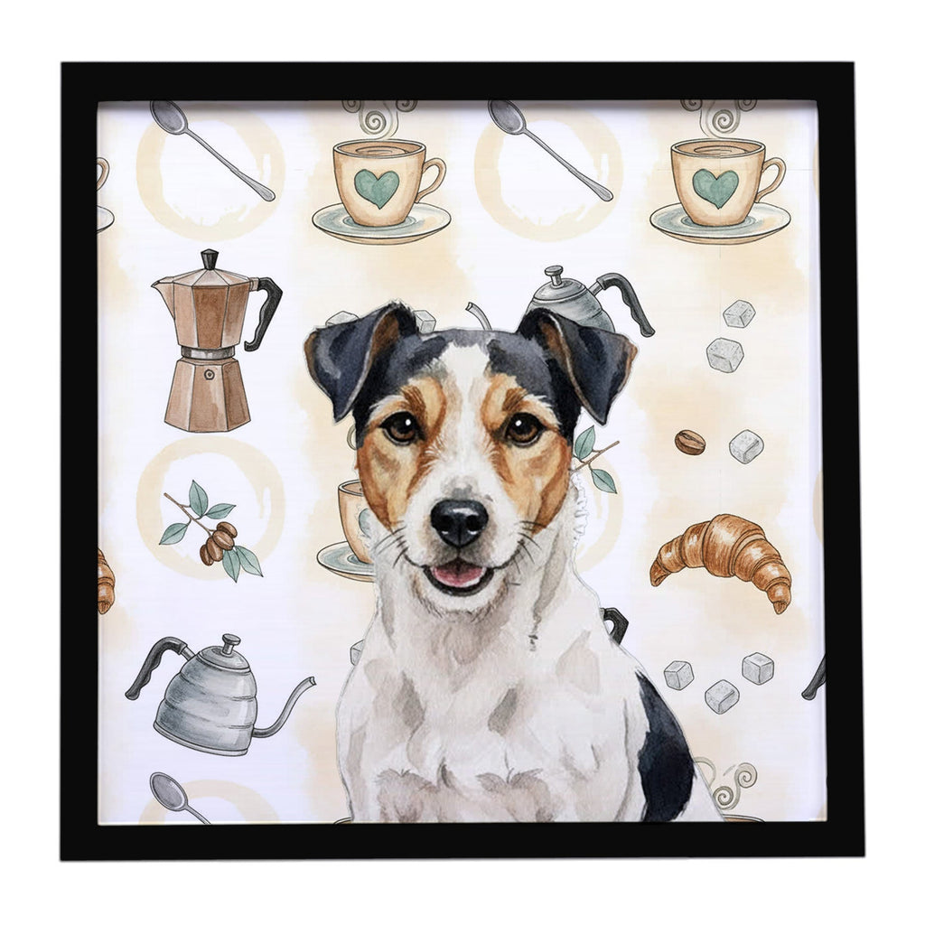 Parson Russell Terrier Coffee Bar Framed Metal Print Bathroom, Kitchen, Office, Home Decor Wall Art Ready to Hang, Square, 8X8