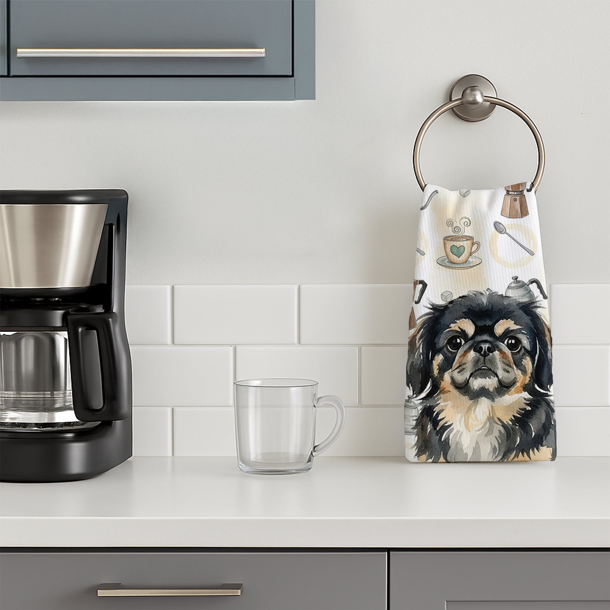 Black and Tan Pekingese Coffee Bar Kitchen Towel Velour Plush Front and Cotton Loop Back Machine Washable