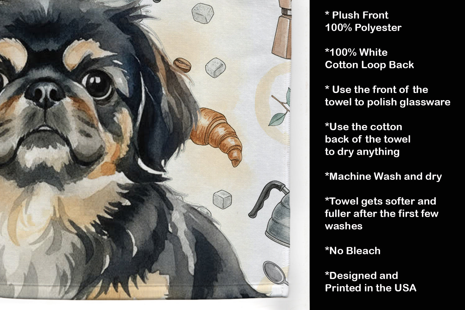 Black and Tan Pekingese Coffee Bar Kitchen Towel Velour Plush Front and Cotton Loop Back Machine Washable