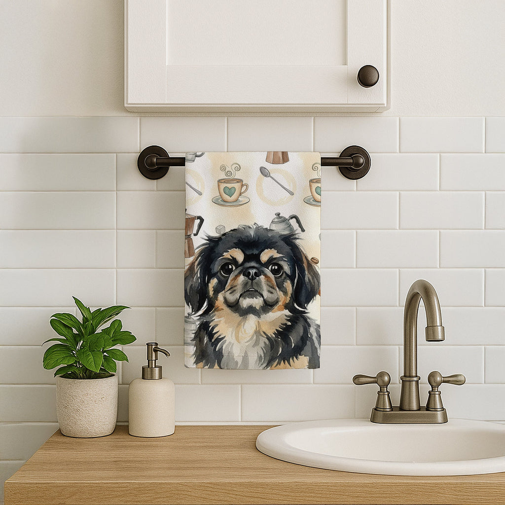 Black and Tan Pekingese Coffee Bar Kitchen Towel Velour Plush Front and Cotton Loop Back Machine Washable