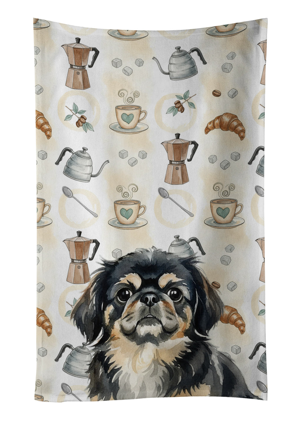 Black and Tan Pekingese Coffee Bar Kitchen Towel Velour Plush Front and Cotton Loop Back Machine Washable