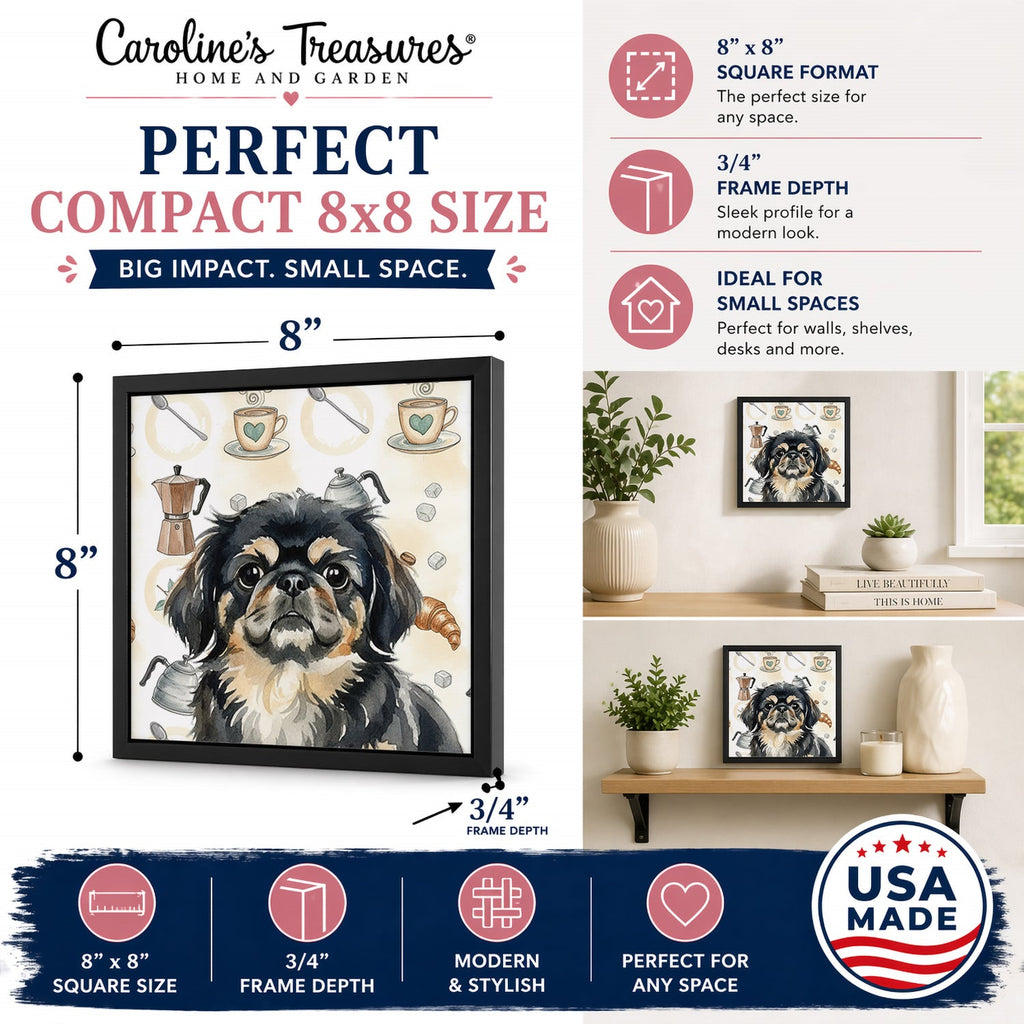 Black and Tan Pekingese Coffee Bar Framed Metal Print Bathroom, Kitchen, Office, Home Decor Wall Art Ready to Hang, Square, 8X8