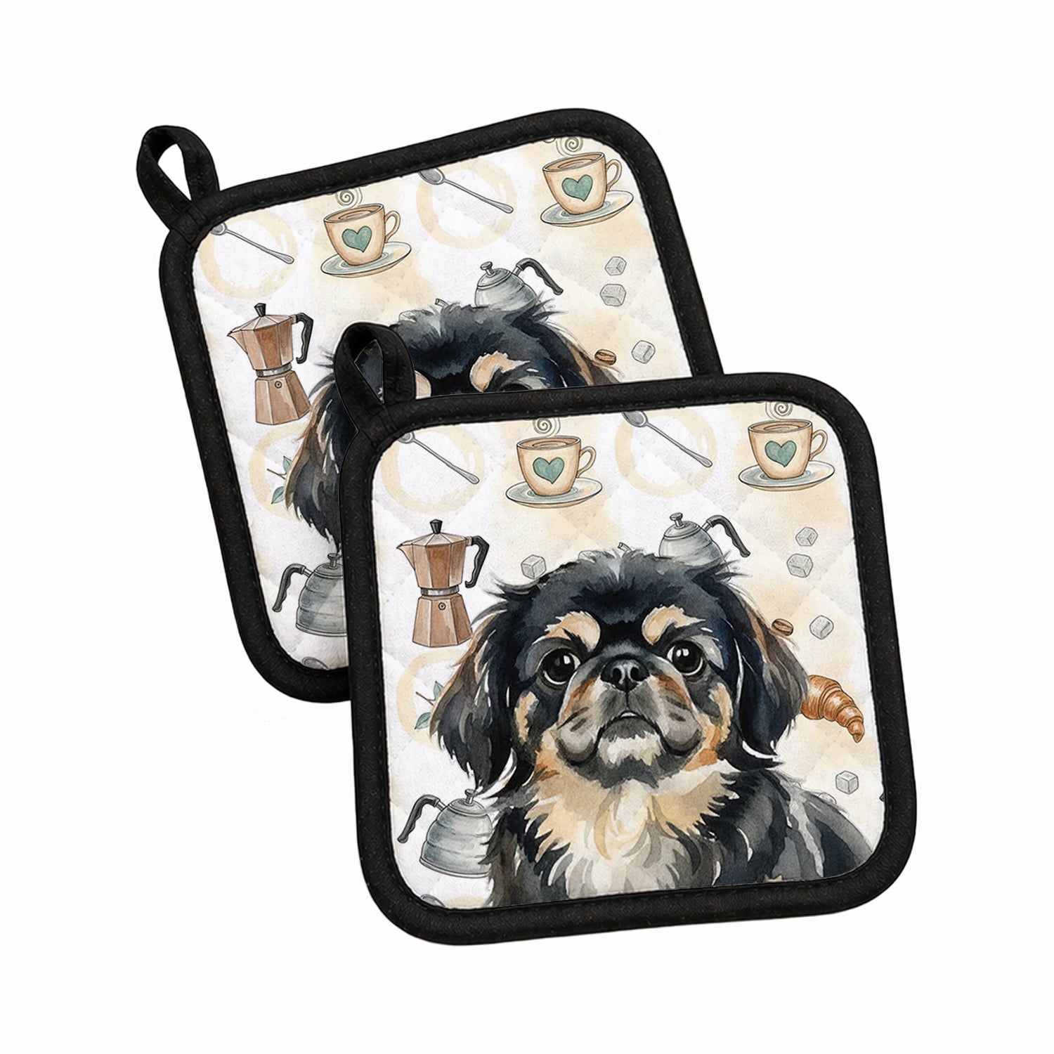 Black and Tan Pekingese Coffee Bar Pot Holder Set of 2 Heat Resistant Quilted Hot Pads 7.5 x 7.5 Inch, Insulated Kitchen Trivets for Cooking & Baking