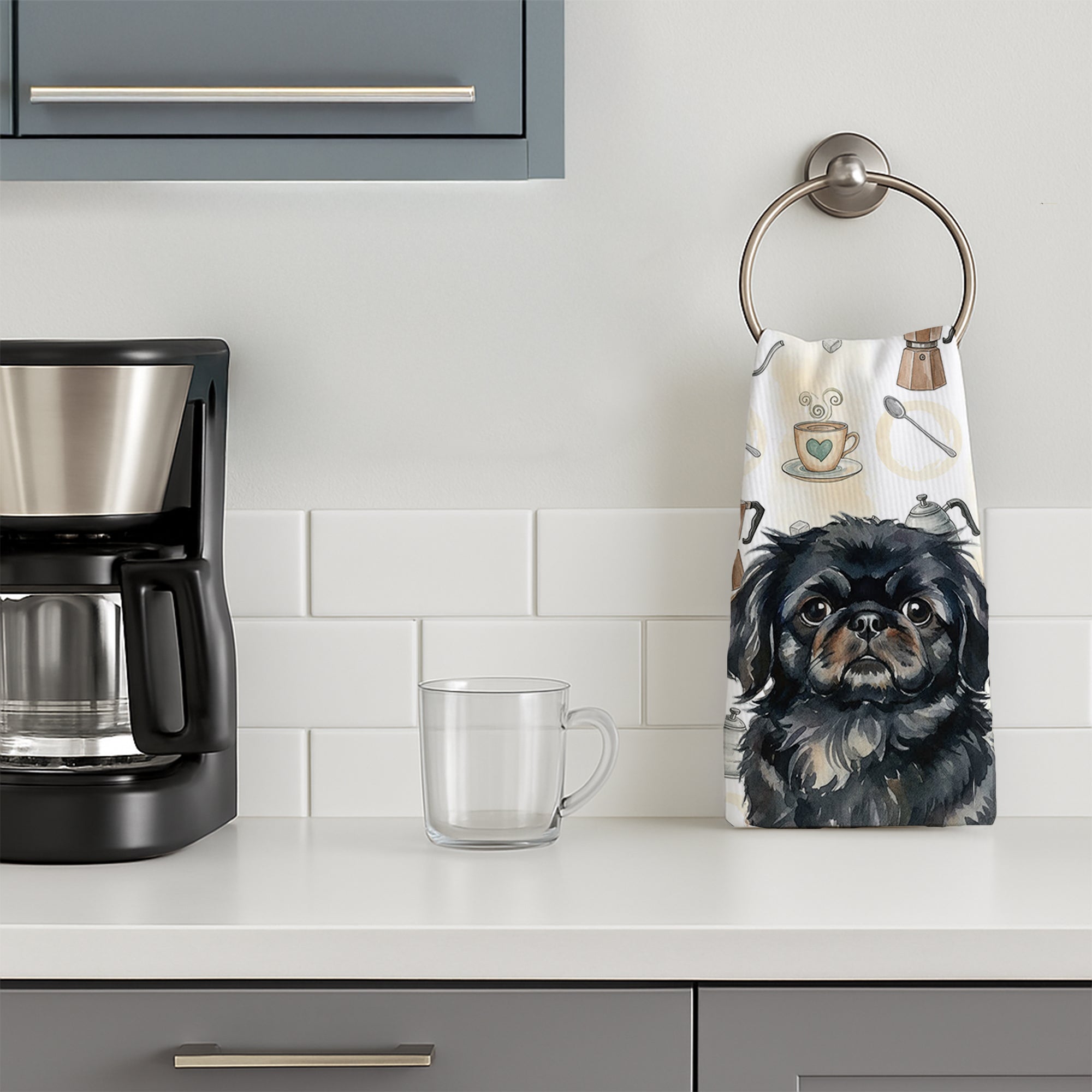 Black Pekingese Coffee Bar Kitchen Towel Velour Plush Front and Cotton Loop Back Machine Washable
