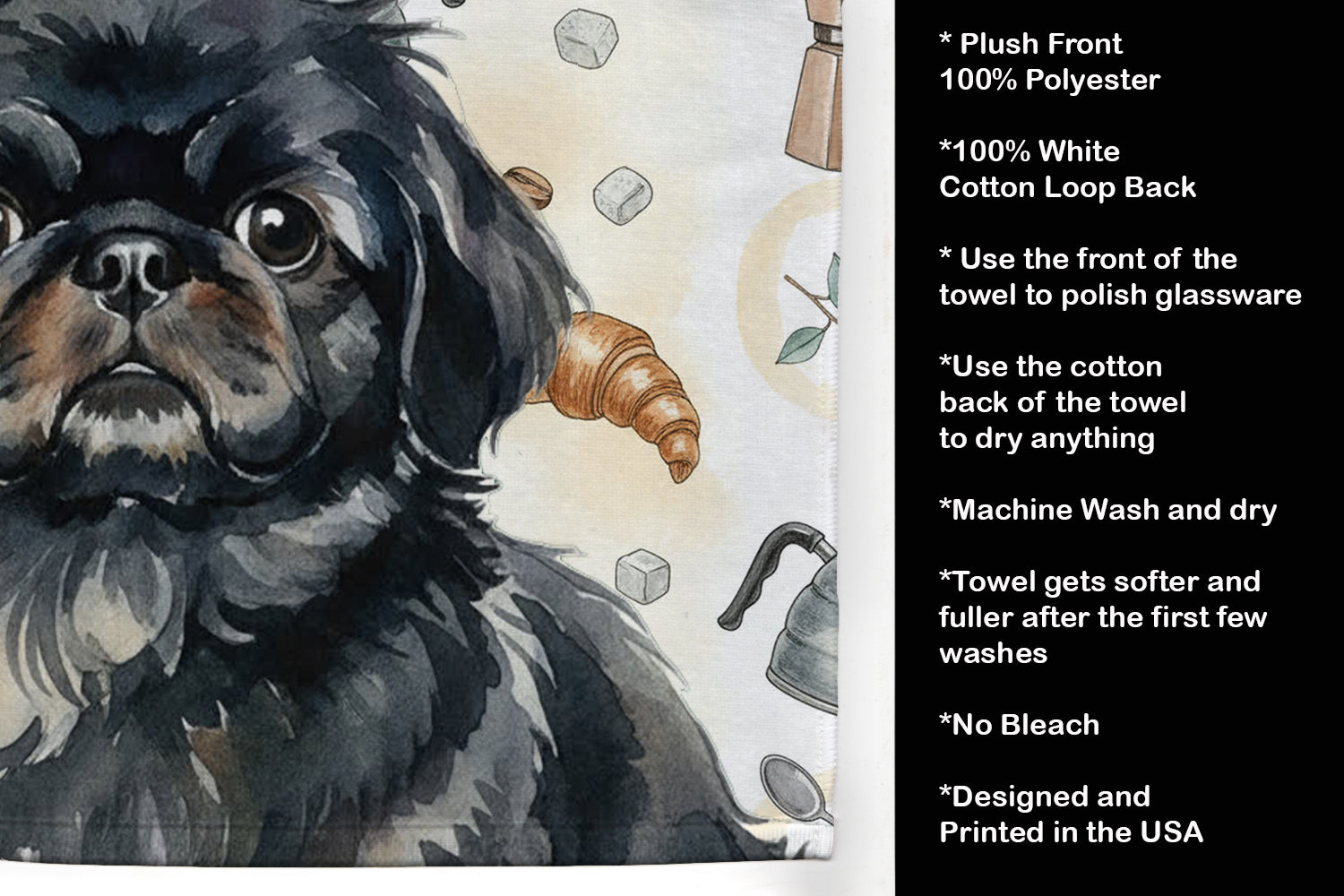 Black Pekingese Coffee Bar Kitchen Towel Velour Plush Front and Cotton Loop Back Machine Washable