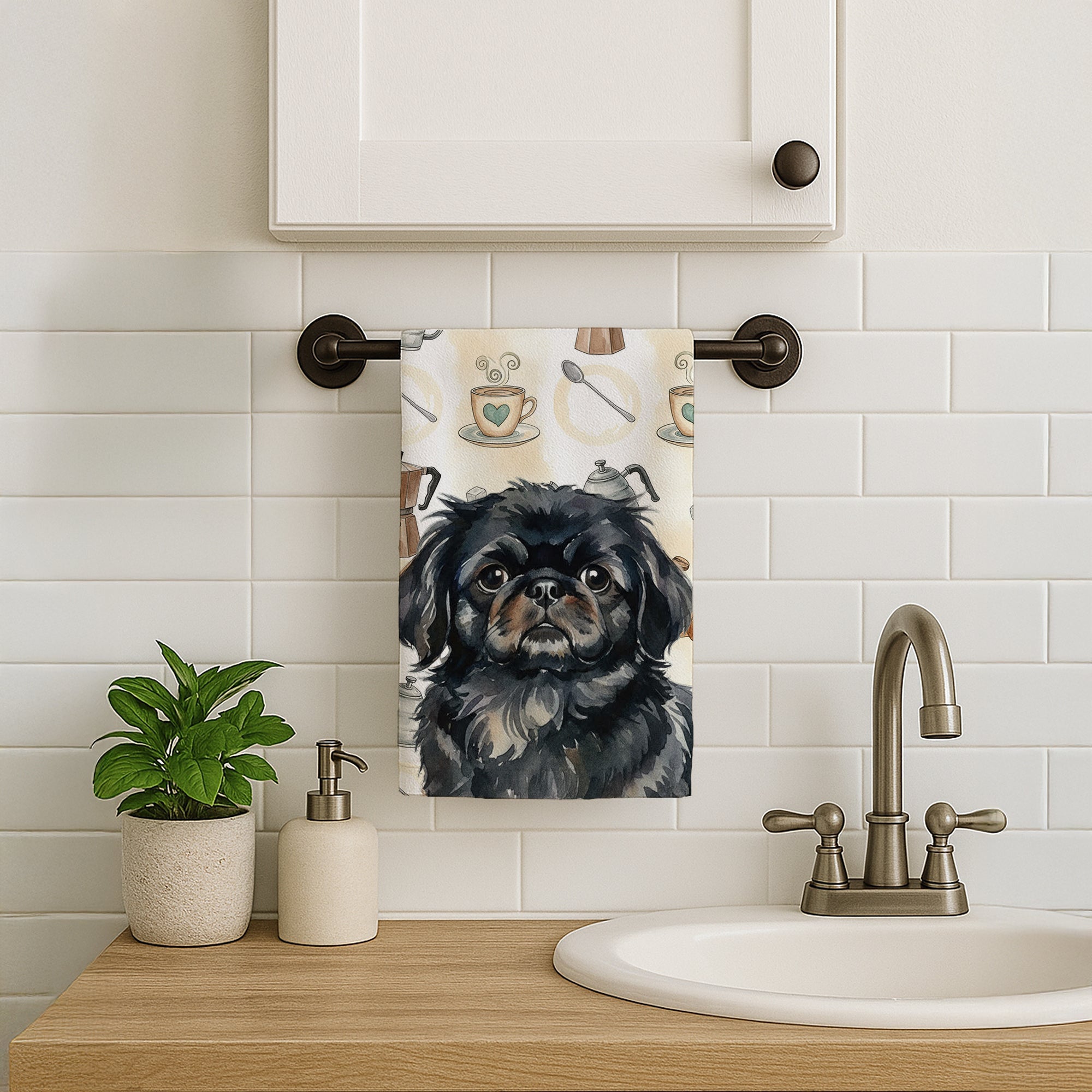 Black Pekingese Coffee Bar Kitchen Towel Velour Plush Front and Cotton Loop Back Machine Washable