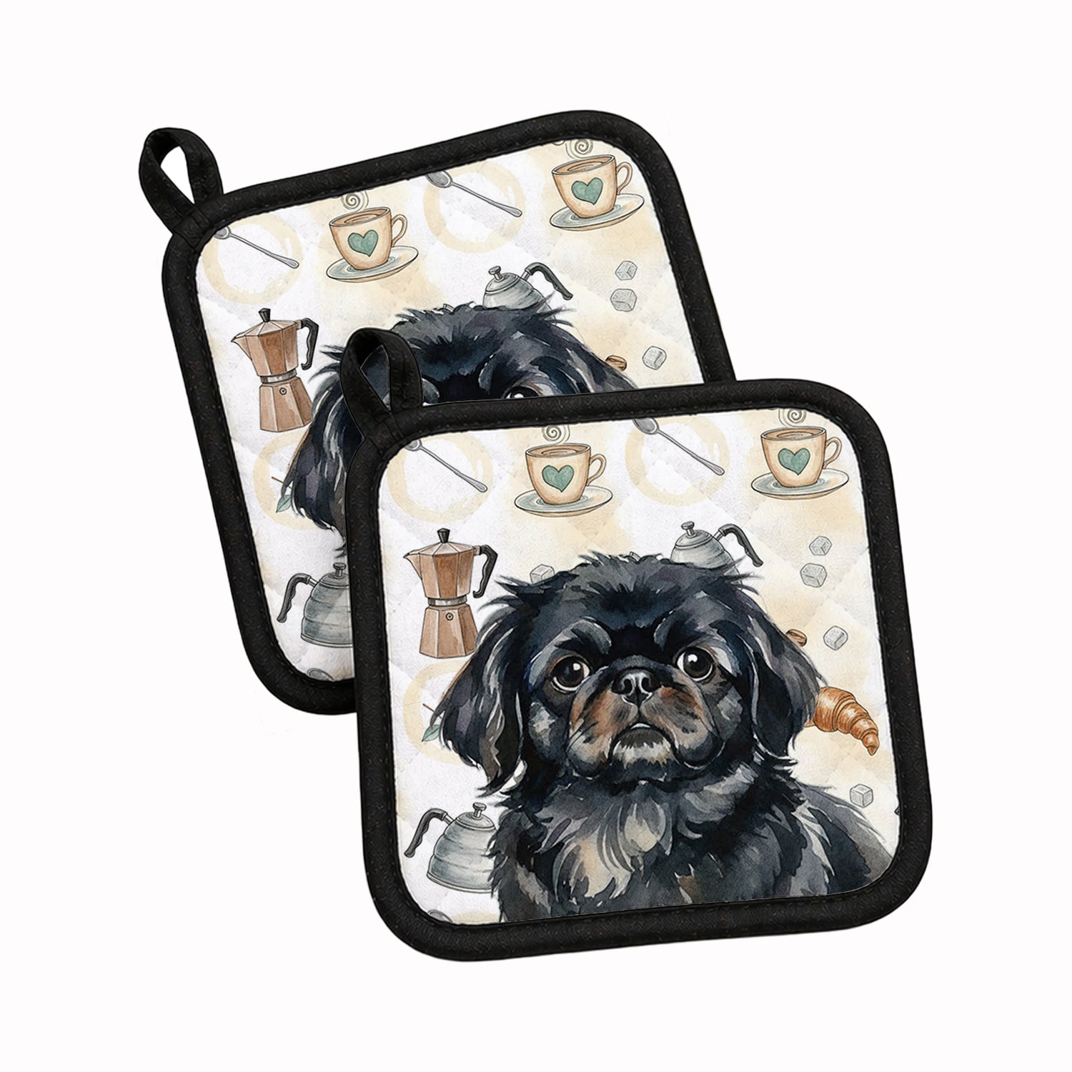 Black Pekingese Coffee Bar Pot Holder Set of 2 Heat Resistant Quilted Hot Pads 7.5 x 7.5 Inch, Insulated Kitchen Trivets for Cooking & Baking