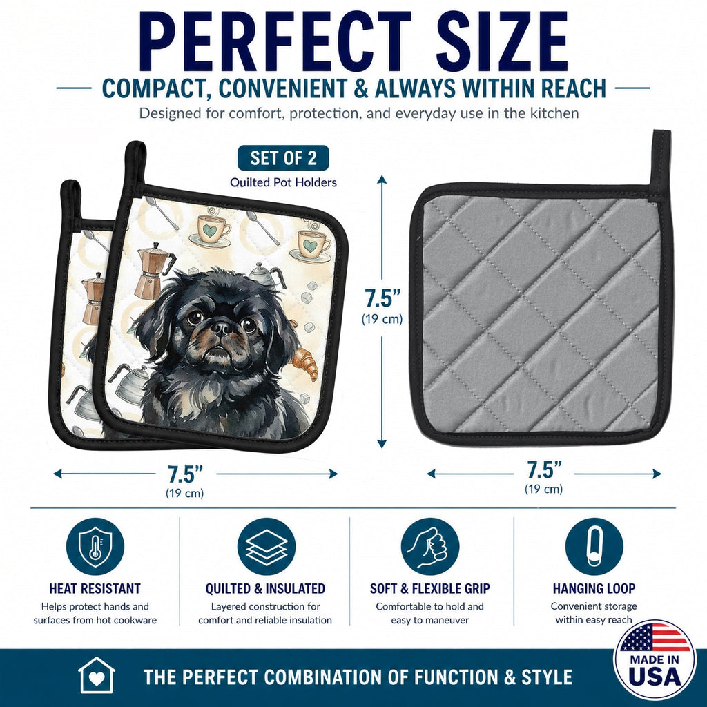 Black Pekingese Coffee Bar Pot Holder Set of 2 Heat Resistant Quilted Hot Pads 7.5 x 7.5 Inch, Insulated Kitchen Trivets for Cooking & Baking