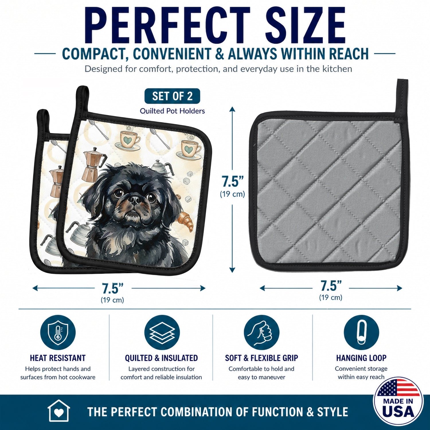Black Pekingese Coffee Bar Pot Holder Set of 2 Heat Resistant Quilted Hot Pads 7.5 x 7.5 Inch, Insulated Kitchen Trivets for Cooking & Baking