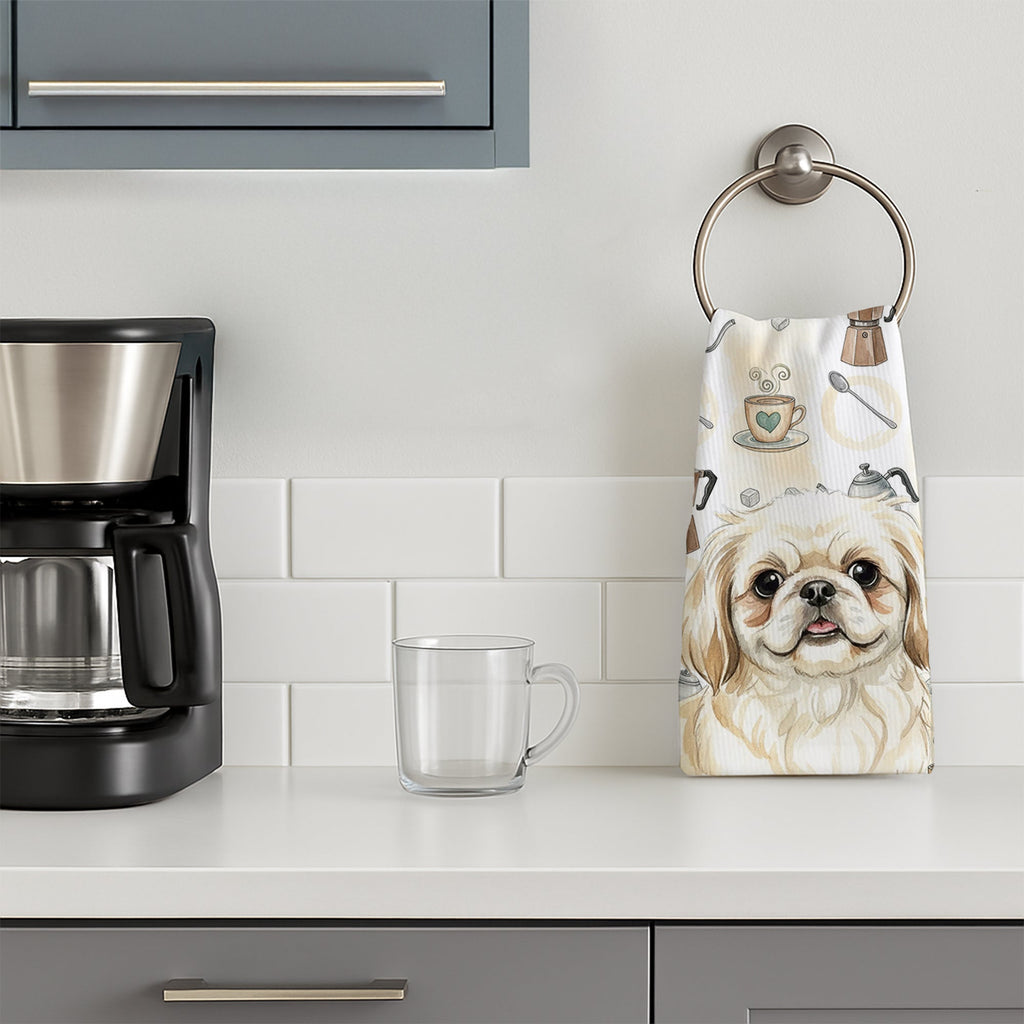 Cream Pekingese Coffee Bar Kitchen Towel Velour Plush Front and Cotton Loop Back Machine Washable