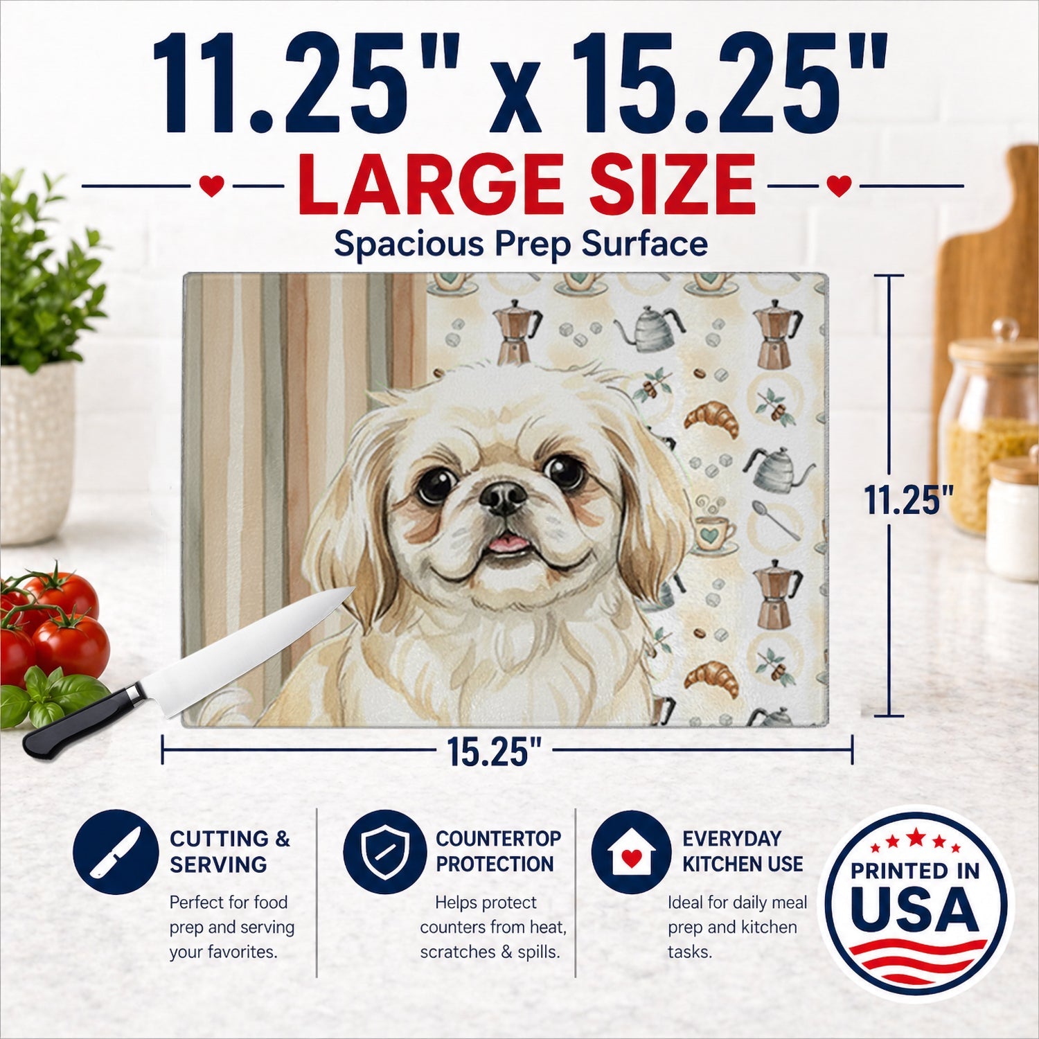 Cream Pekingese Coffee Bar Cutting Board Tempered Glass Kitchen Cutting Surface, Heat Resistant Chopping, Non-Slip Feet, Food Prep & Serving