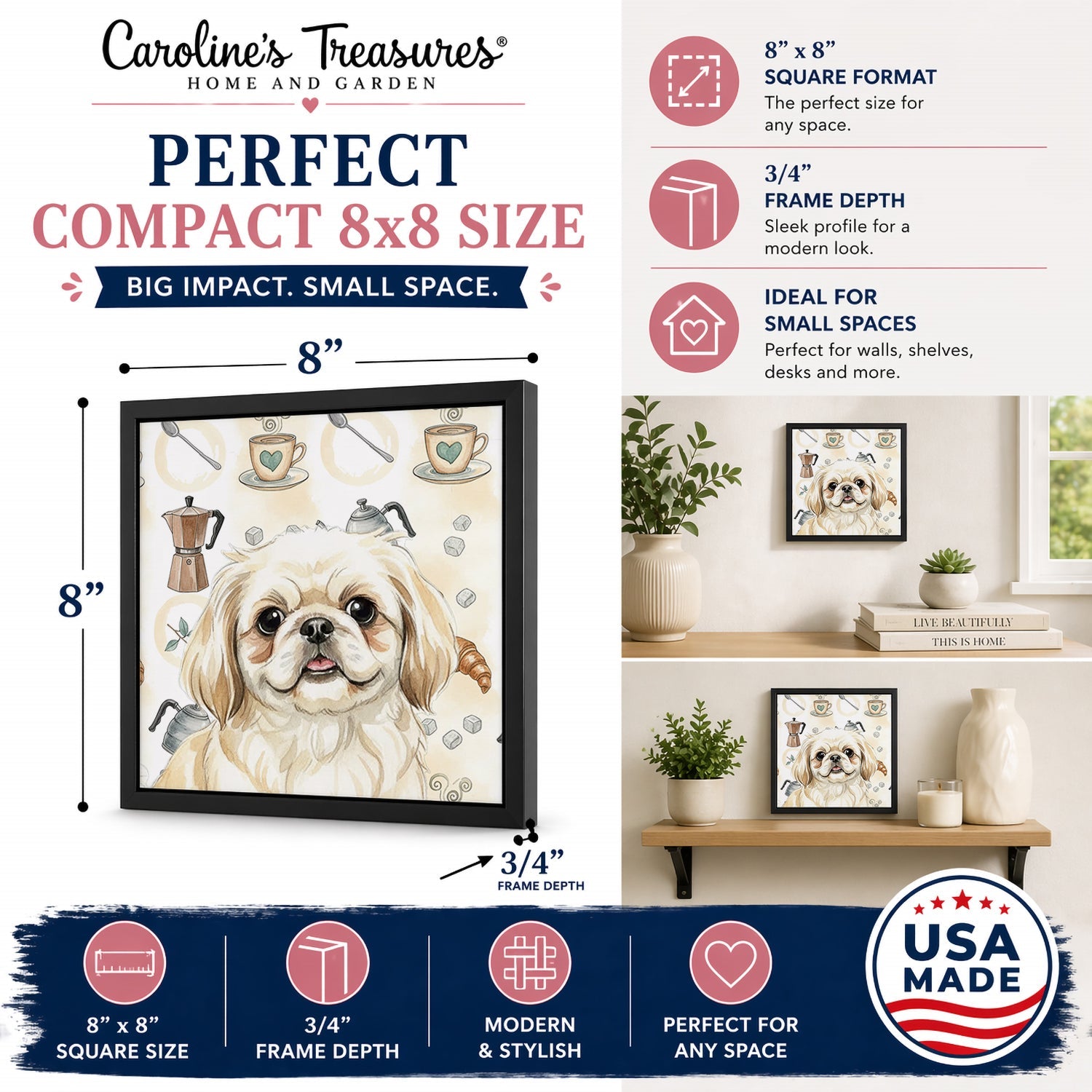 Cream Pekingese Coffee Bar Framed Metal Print Bathroom, Kitchen, Office, Home Decor Wall Art Ready to Hang, Square, 8X8