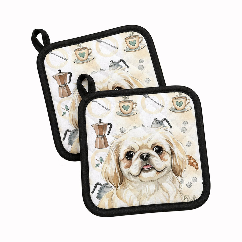 Cream Pekingese Coffee Bar Pot Holder Set of 2 Heat Resistant Quilted Hot Pads 7.5 x 7.5 Inch, Insulated Kitchen Trivets for Cooking & Baking