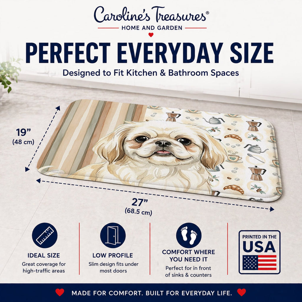 Cream Pekingese Coffee Bar Memory Foam Kitchen Mat Machine Washable Anti-Fatigue Cushion Comfort Bath or Kitchen Rug