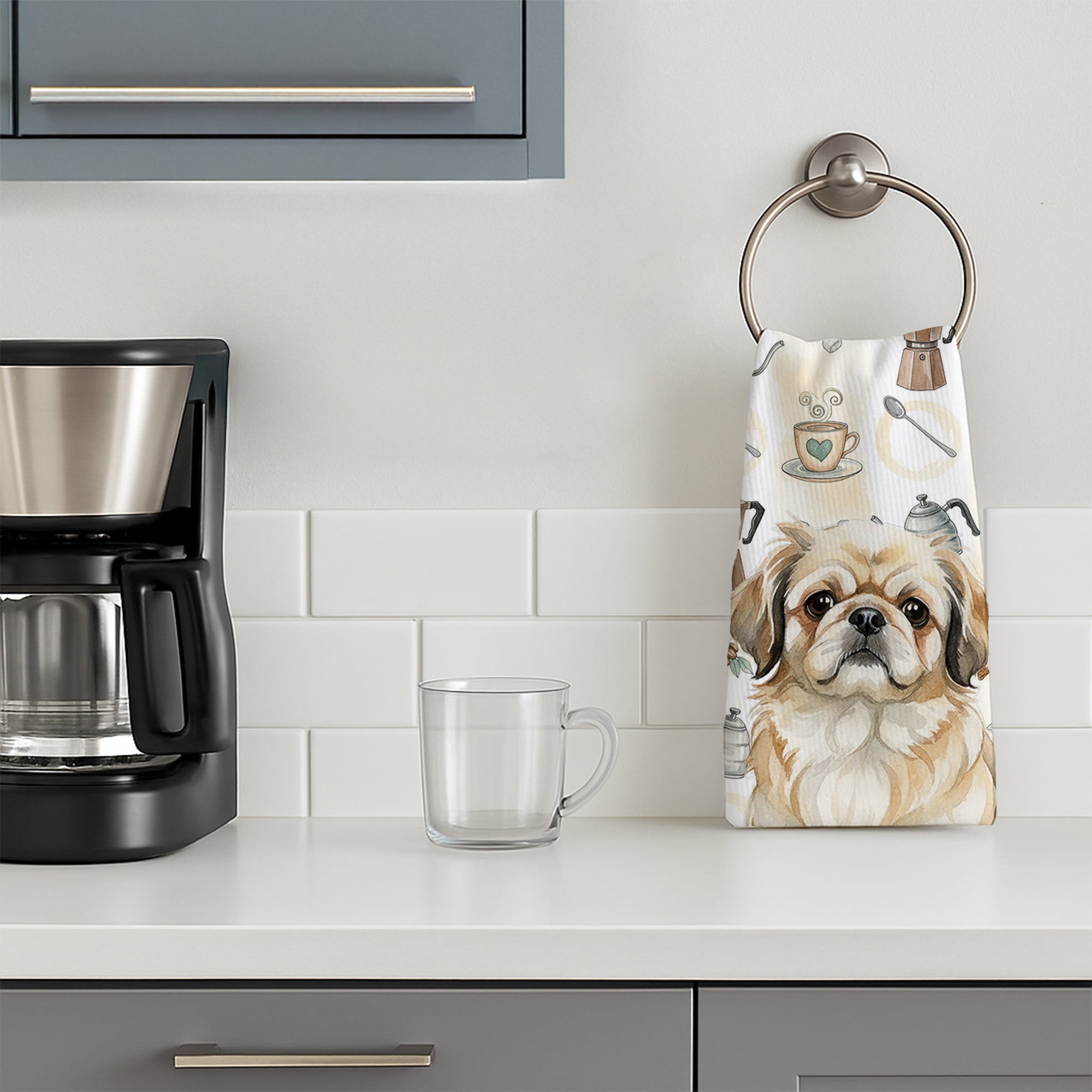 Fawn Pekingese Coffee Bar Kitchen Towel Velour Plush Front and Cotton Loop Back Machine Washable
