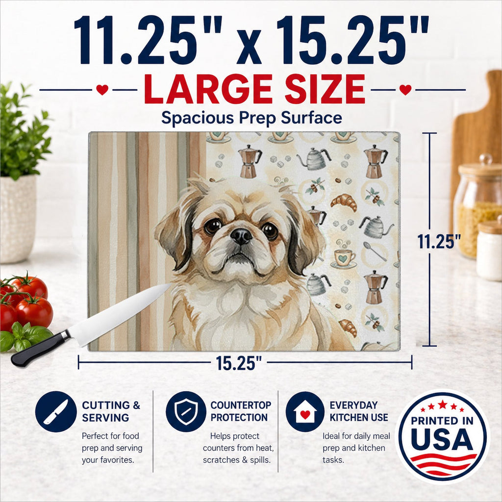 Fawn Pekingese Coffee Bar Cutting Board Tempered Glass Kitchen Cutting Surface, Heat Resistant Chopping, Non-Slip Feet, Food Prep & Serving