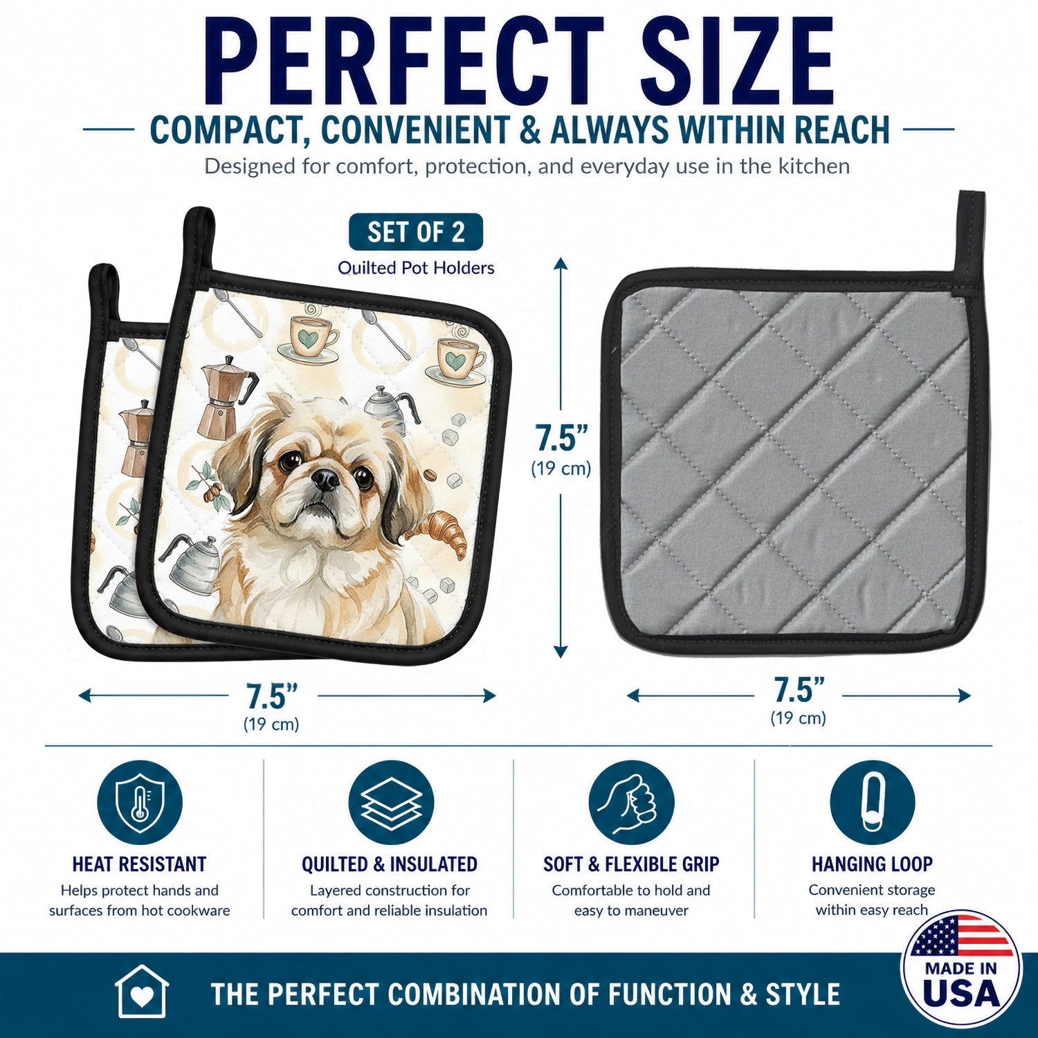 Fawn Pekingese Coffee Bar Pot Holder Set of 2 Heat Resistant Quilted Hot Pads 7.5 x 7.5 Inch, Insulated Kitchen Trivets for Cooking & Baking
