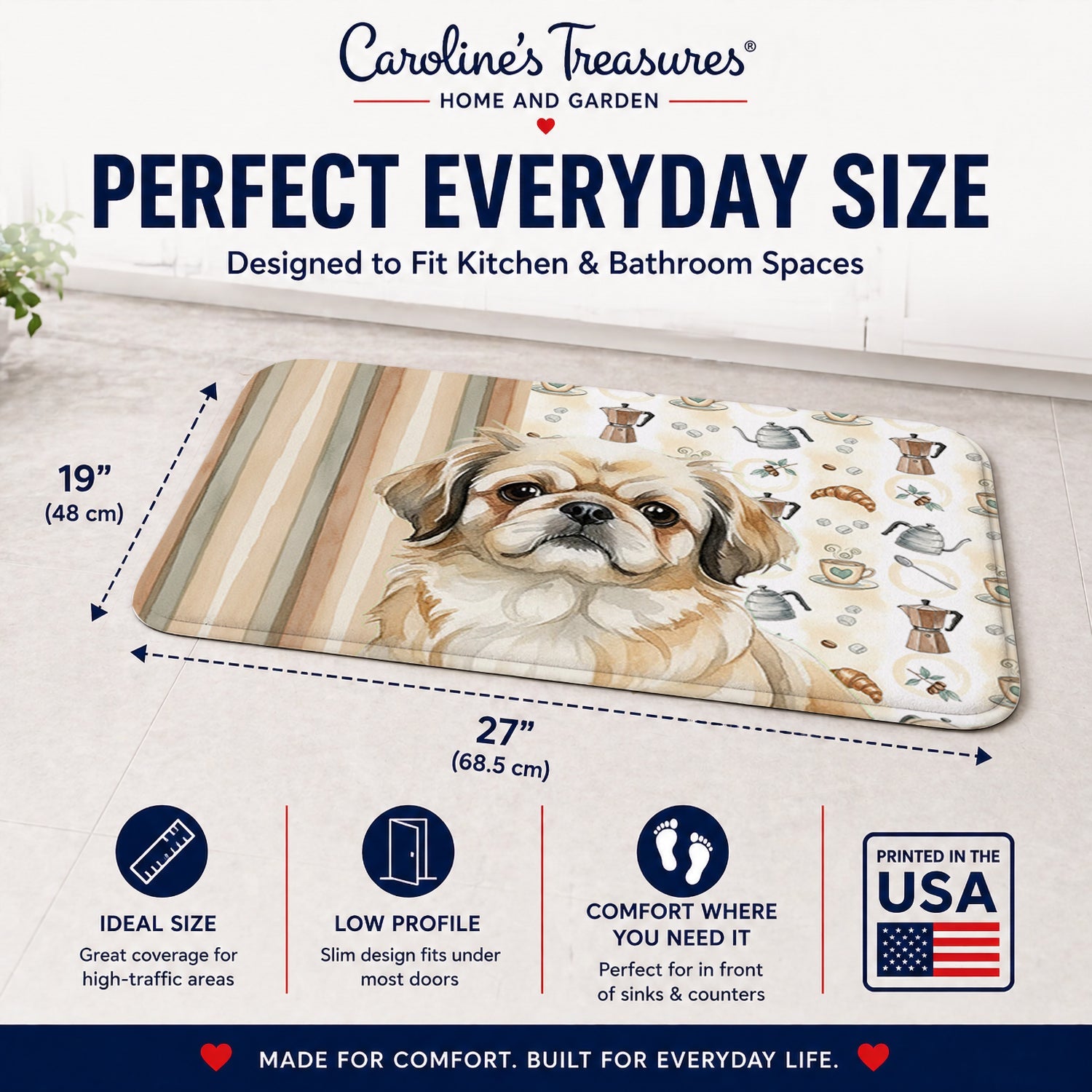 Fawn Pekingese Coffee Bar Memory Foam Kitchen Mat Machine Washable Anti-Fatigue Cushion Comfort Bath or Kitchen Rug