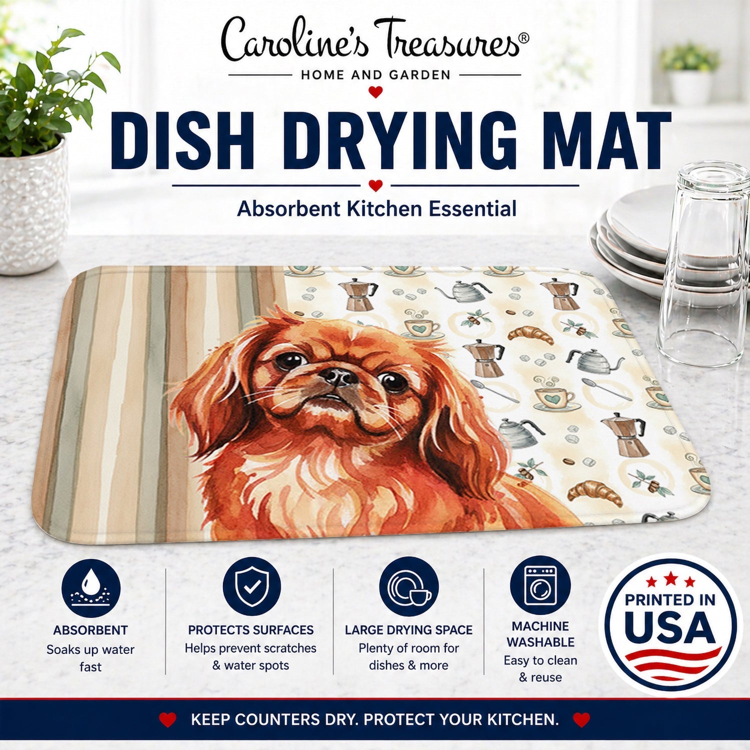 Red Pekingese Coffee Bar Dish Drying Mat Absorbent Dish Drying Mat Pad for Kitchen Counter Dish Drainer Mat for Countertop, 14 x 21", Multicolor