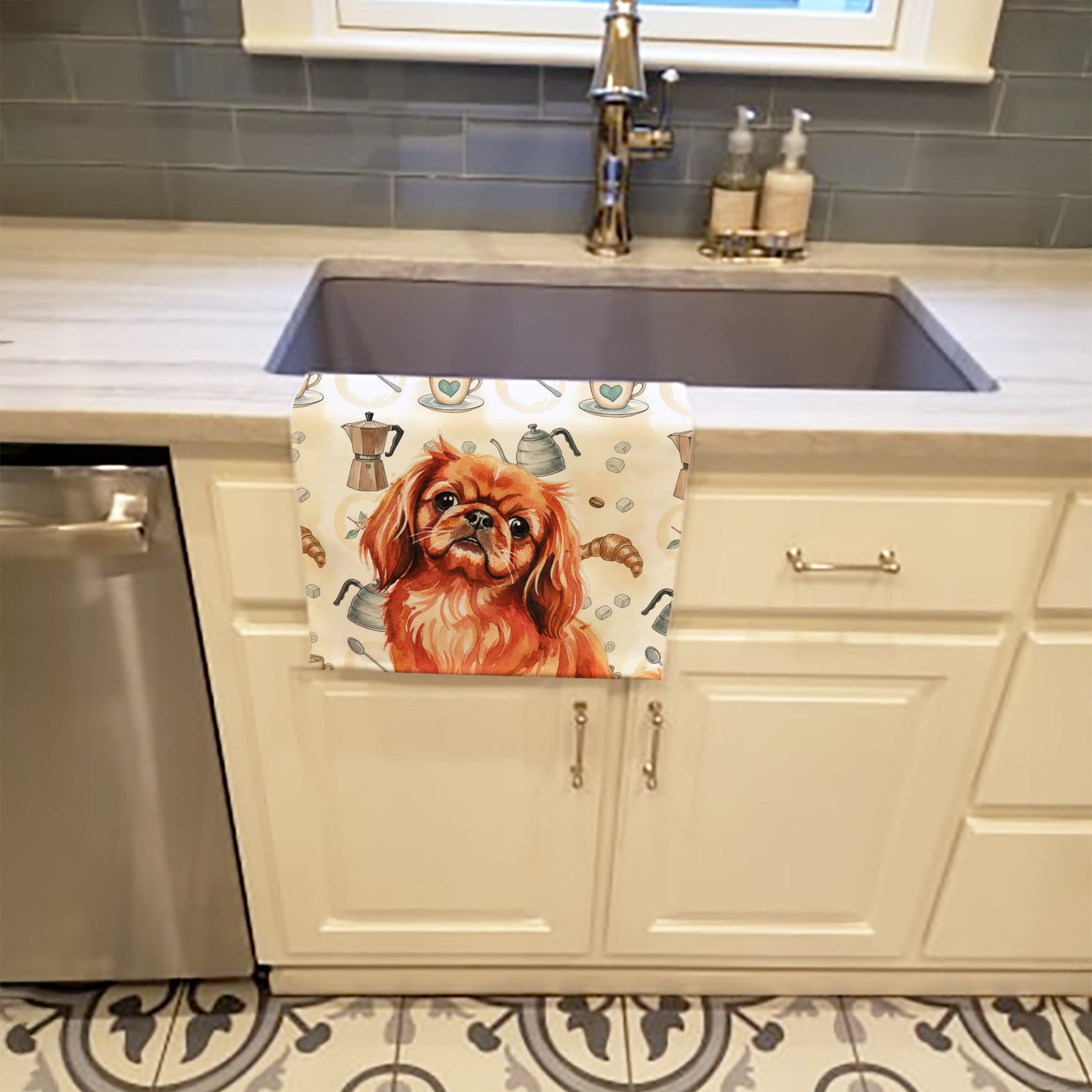 Red Pekingese Coffee Bar Kitchen Towel Velour Plush Front and Cotton Loop Back Machine Washable