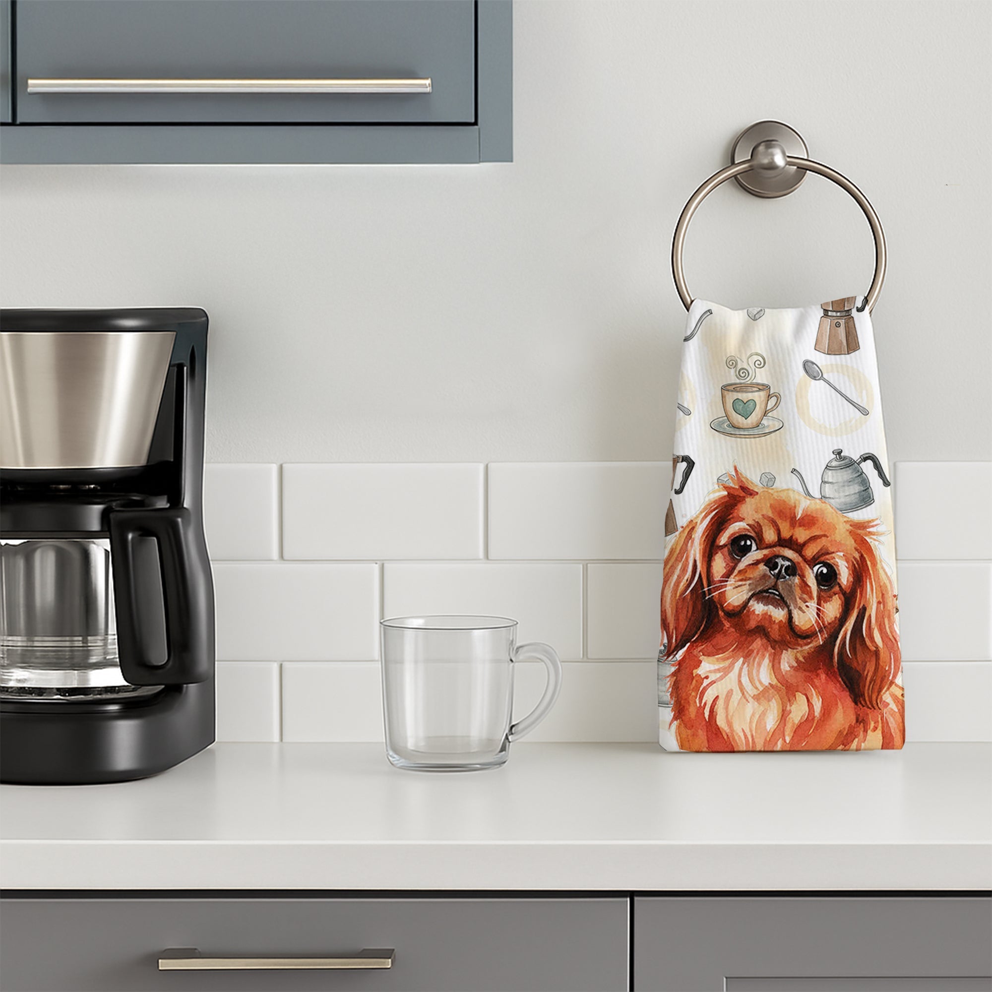 Red Pekingese Coffee Bar Kitchen Towel Velour Plush Front and Cotton Loop Back Machine Washable