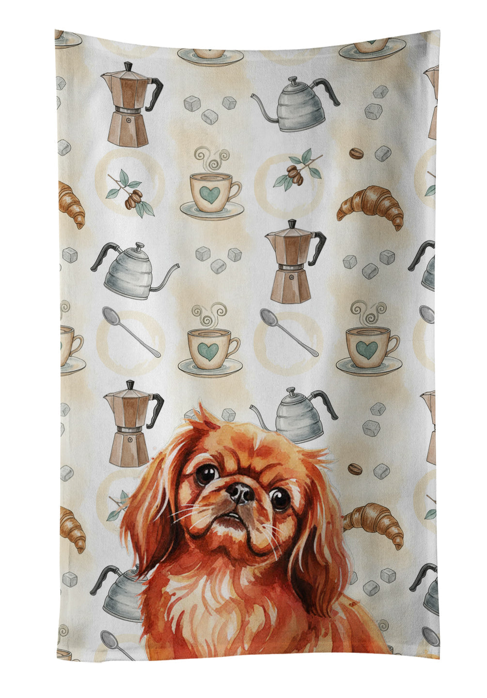 Red Pekingese Coffee Bar Kitchen Towel Velour Plush Front and Cotton Loop Back Machine Washable