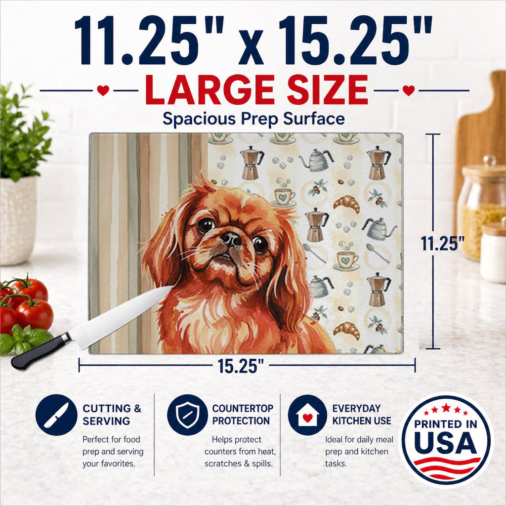Red Pekingese Coffee Bar Cutting Board Tempered Glass Kitchen Cutting Surface, Heat Resistant Chopping, Non-Slip Feet, Food Prep & Serving