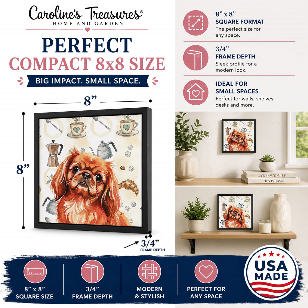 Red Pekingese Coffee Bar Framed Metal Print Bathroom, Kitchen, Office, Home Decor Wall Art Ready to Hang, Square, 8X8