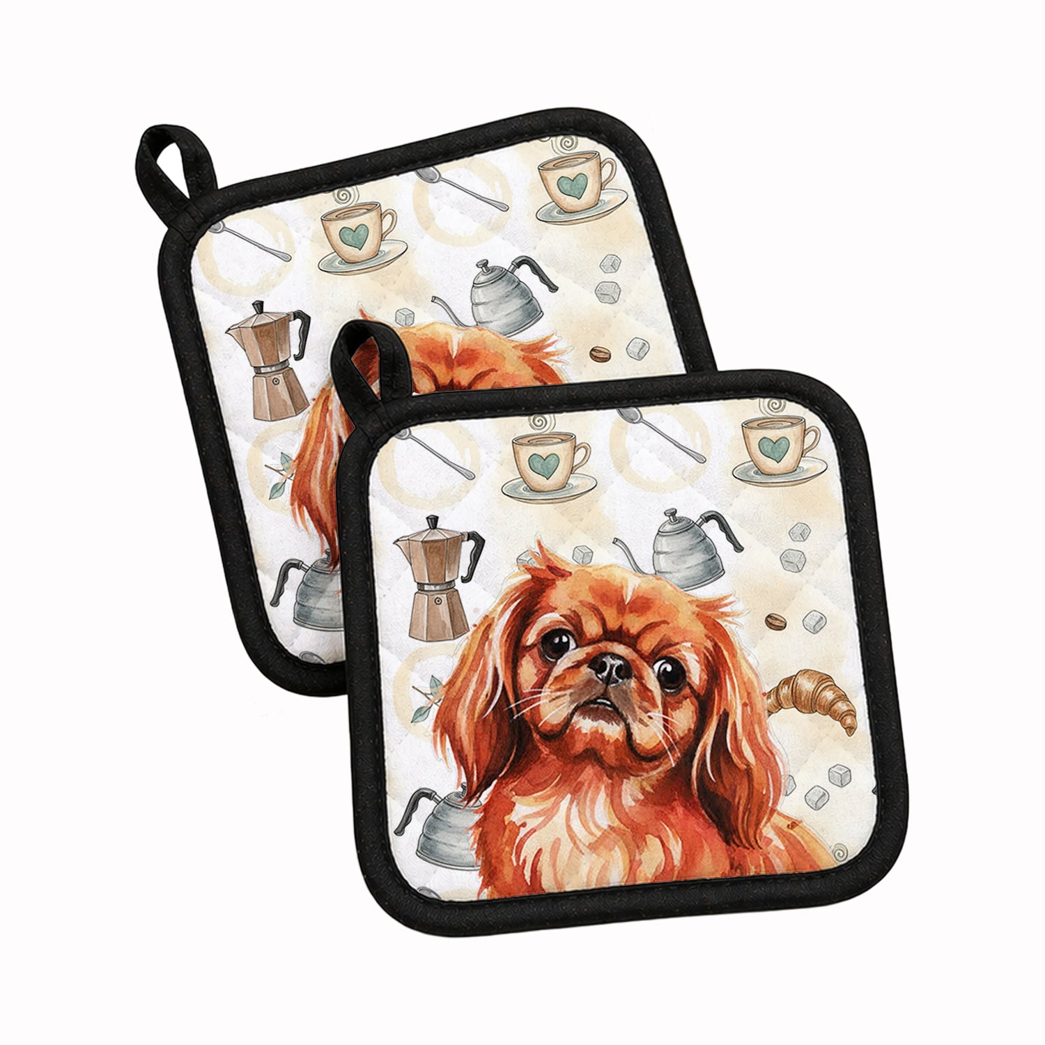 Red Pekingese Coffee Bar Pot Holder Set of 2 Heat Resistant Quilted Hot Pads 7.5 x 7.5 Inch, Insulated Kitchen Trivets for Cooking & Baking