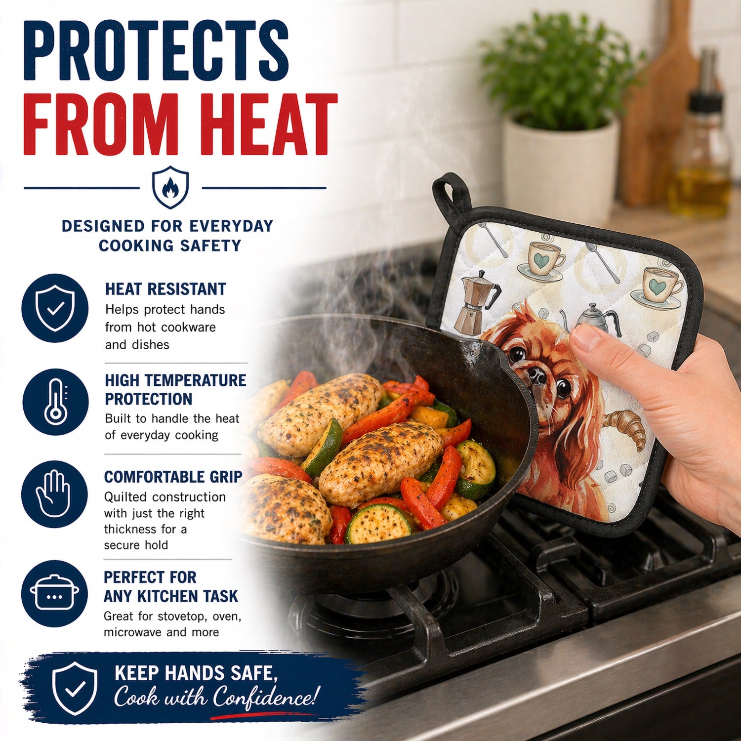 Red Pekingese Coffee Bar Pot Holder Set of 2 Heat Resistant Quilted Hot Pads 7.5 x 7.5 Inch, Insulated Kitchen Trivets for Cooking & Baking