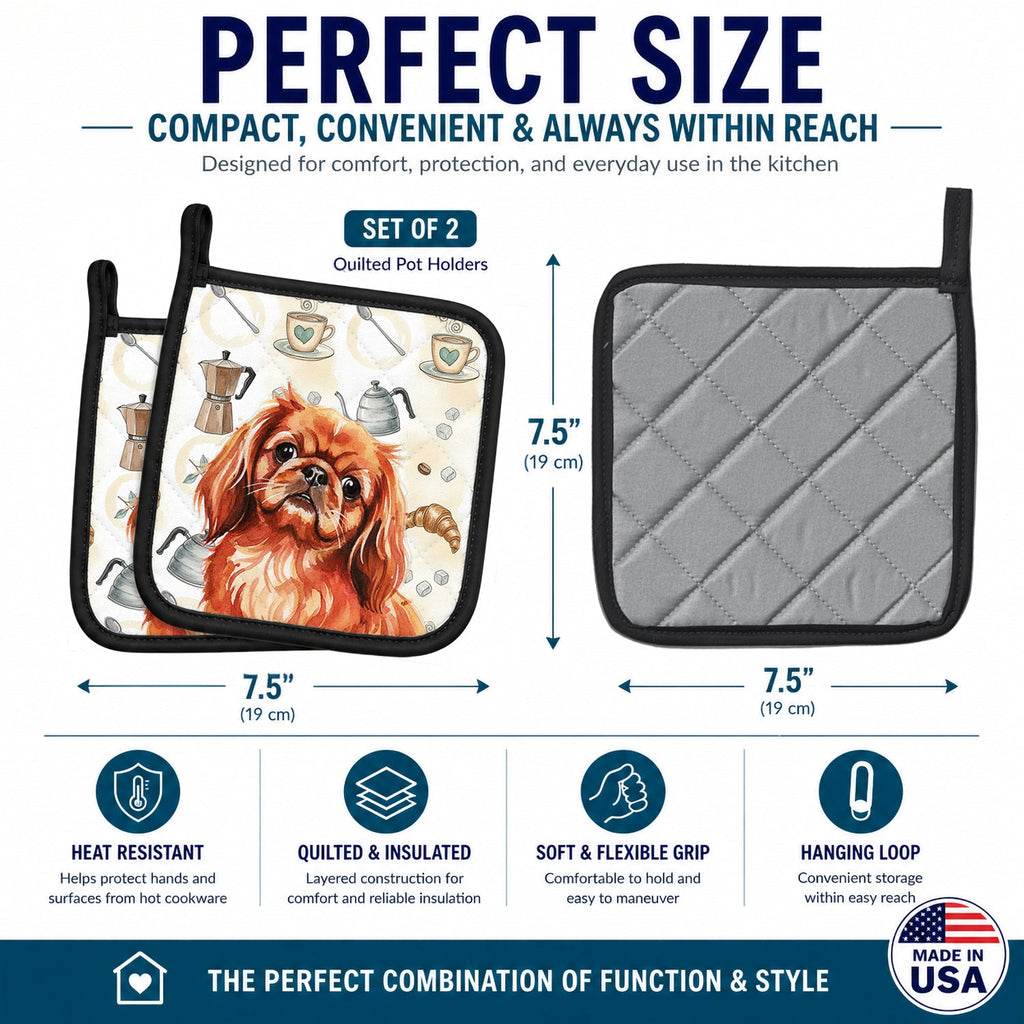 Red Pekingese Coffee Bar Pot Holder Set of 2 Heat Resistant Quilted Hot Pads 7.5 x 7.5 Inch, Insulated Kitchen Trivets for Cooking & Baking