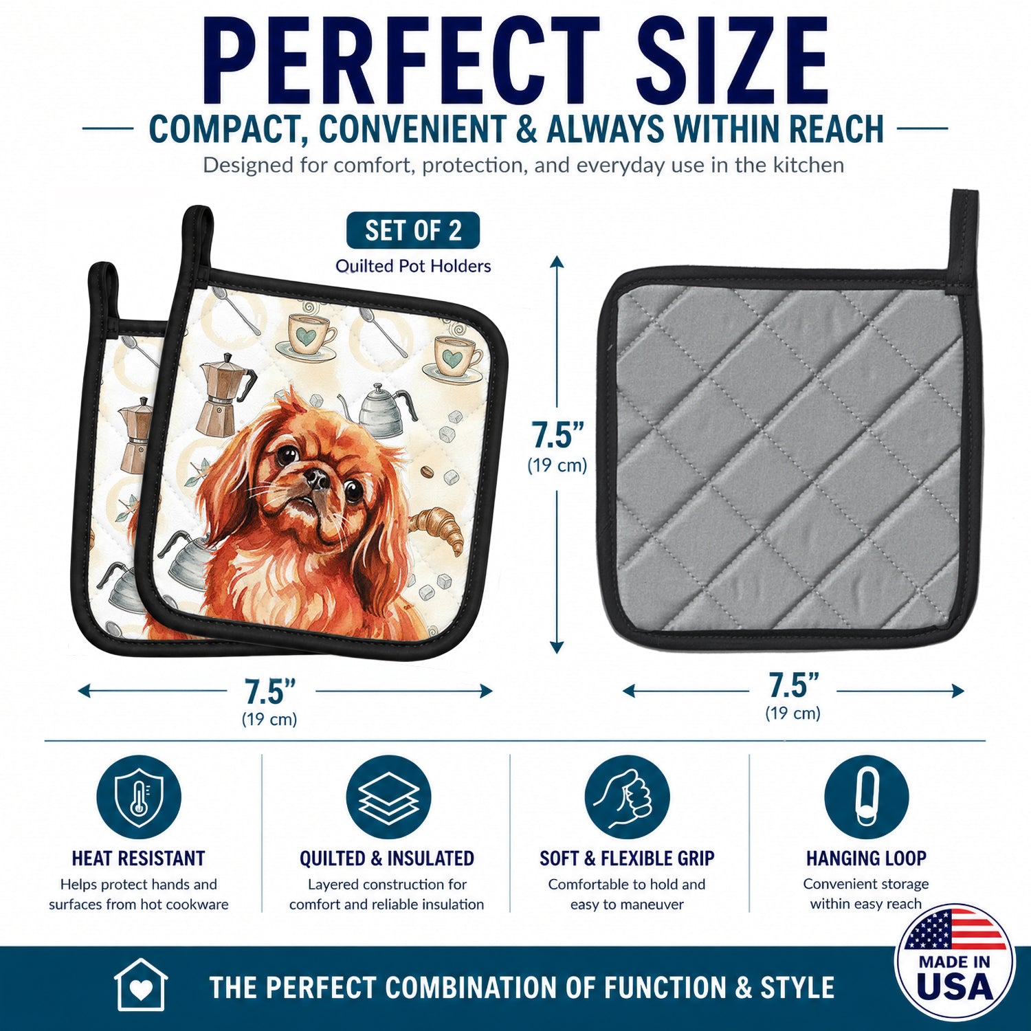 Red Pekingese Coffee Bar Pot Holder Set of 2 Heat Resistant Quilted Hot Pads 7.5 x 7.5 Inch, Insulated Kitchen Trivets for Cooking & Baking