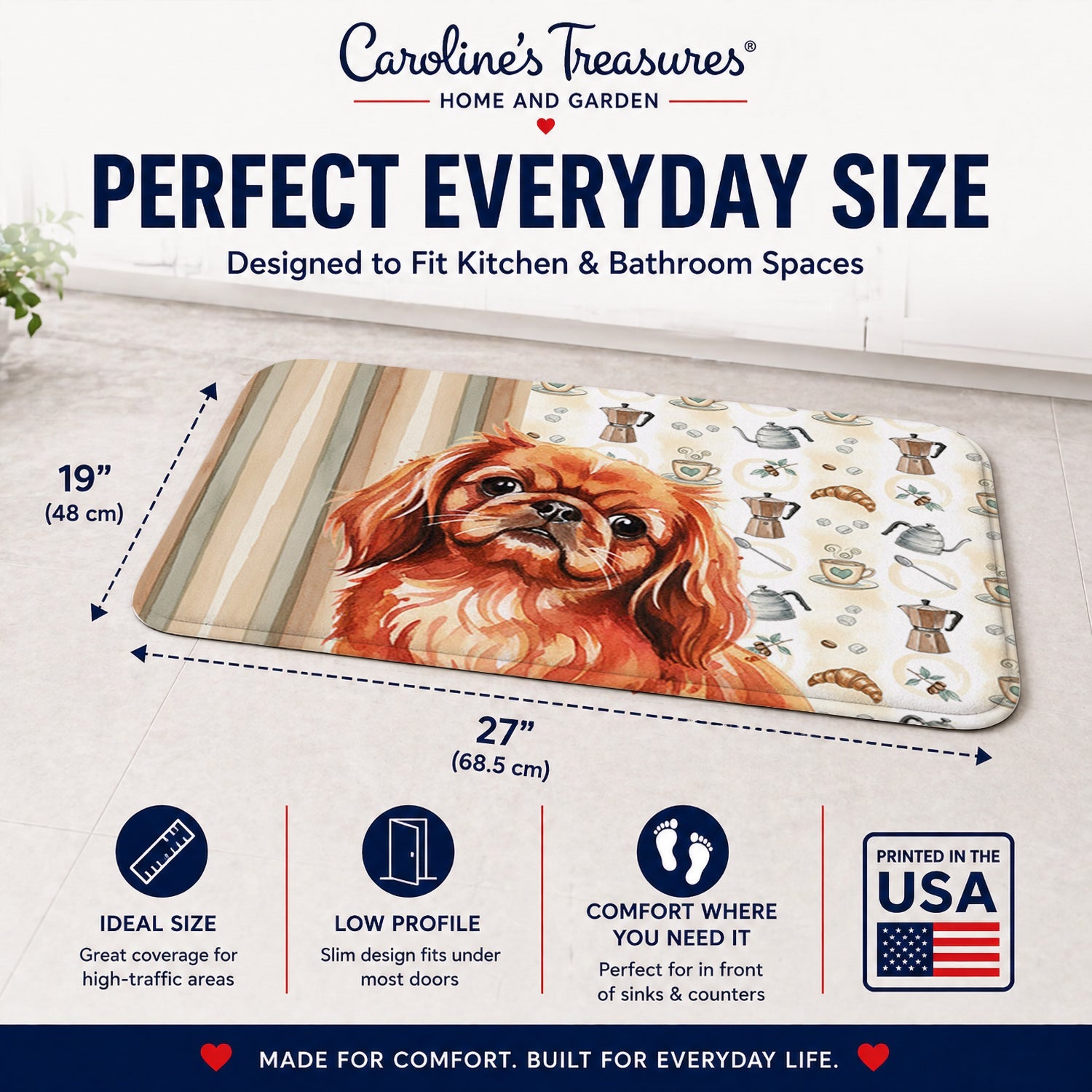 Red Pekingese Coffee Bar Memory Foam Kitchen Mat Machine Washable Anti-Fatigue Cushion Comfort Bath or Kitchen Rug