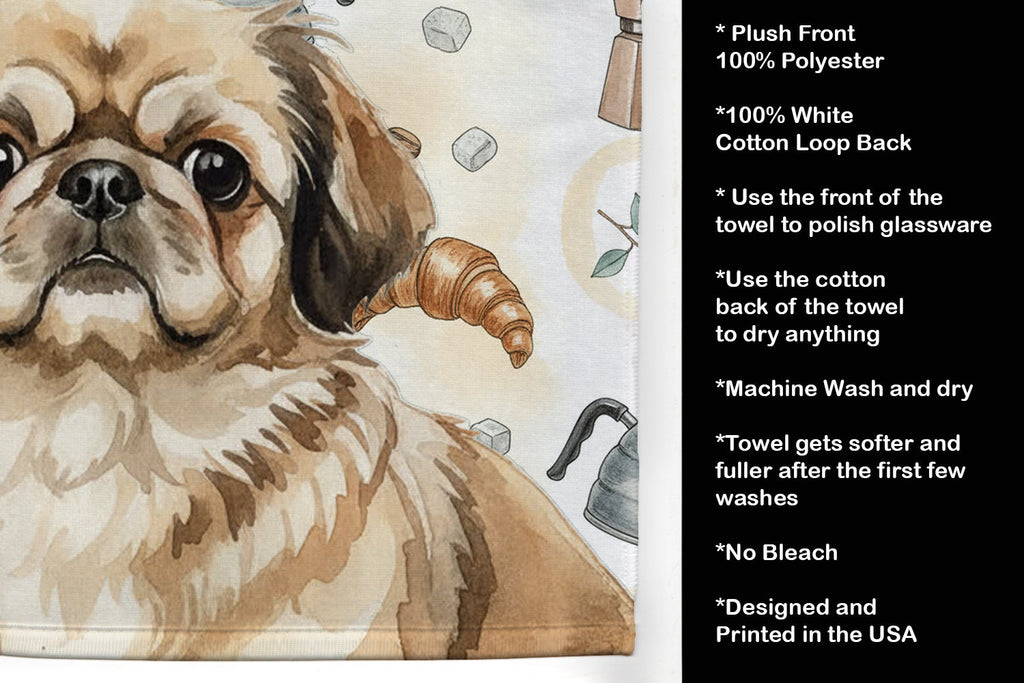 Sable Pekingese Coffee Bar Kitchen Towel Velour Plush Front and Cotton Loop Back Machine Washable