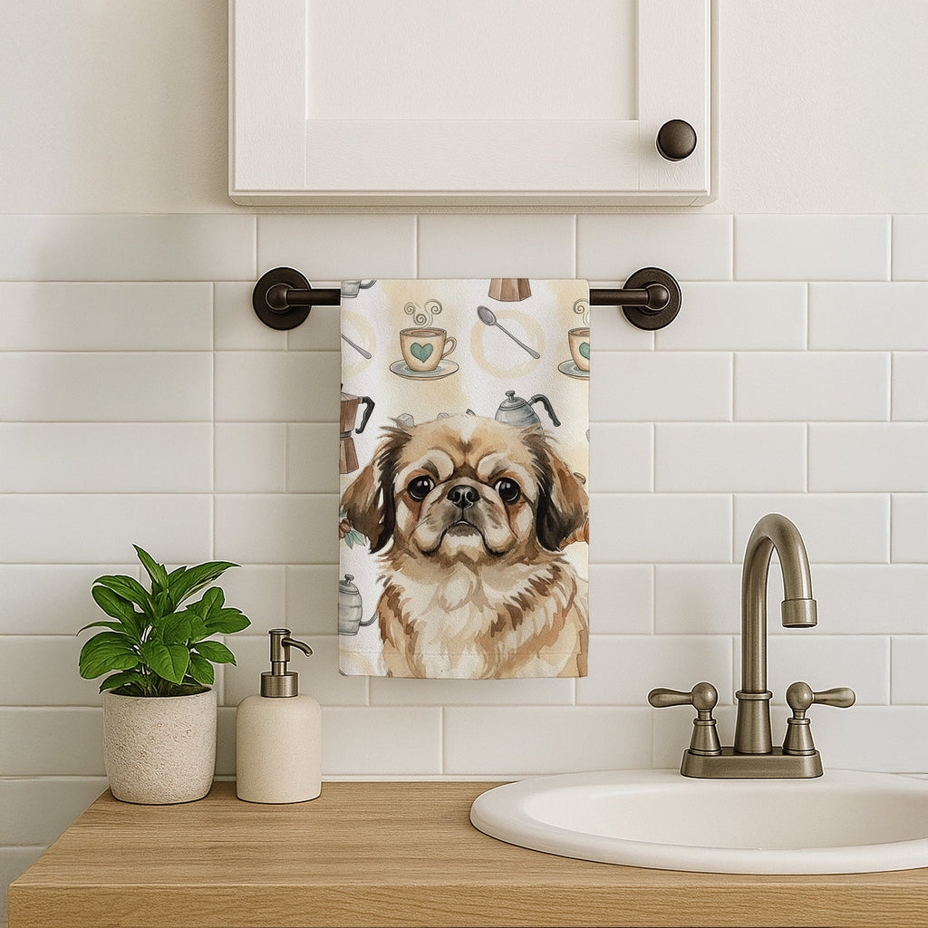 Sable Pekingese Coffee Bar Kitchen Towel Velour Plush Front and Cotton Loop Back Machine Washable