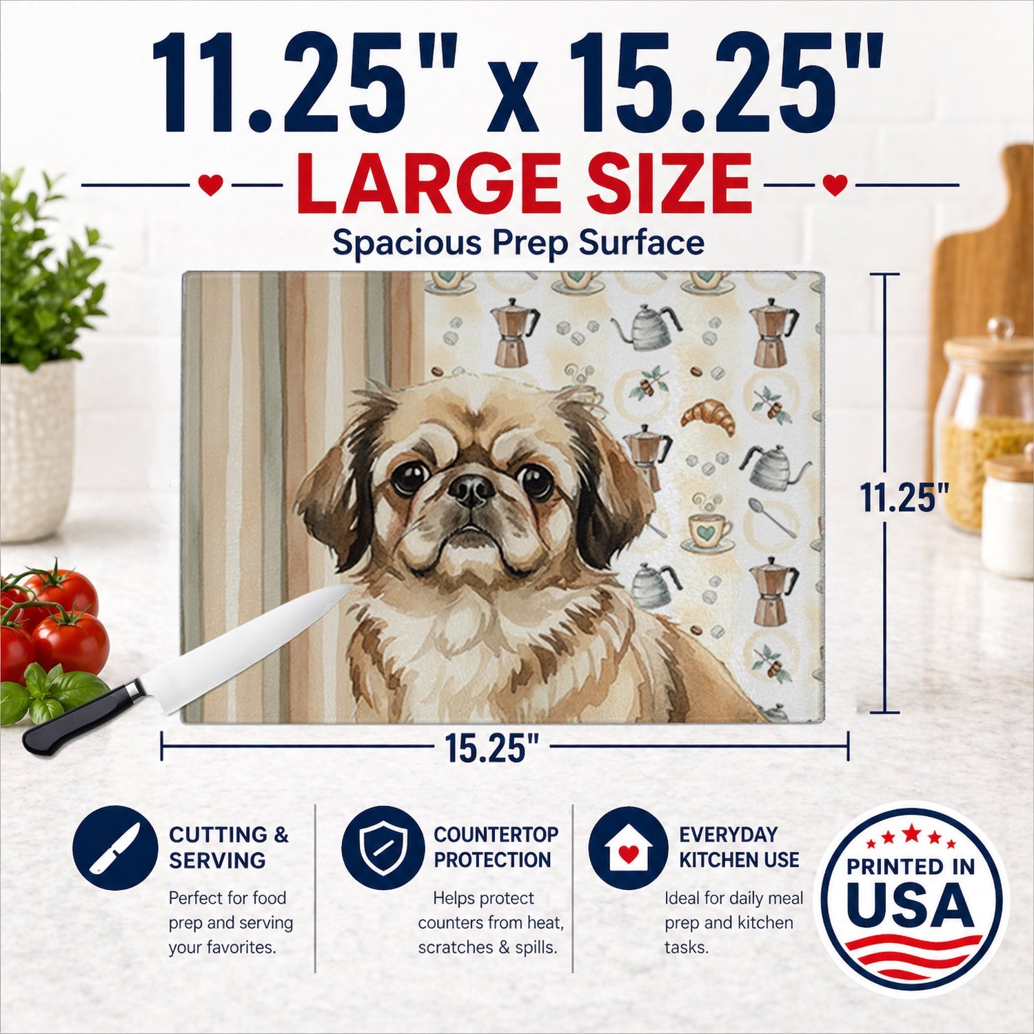 Sable Pekingese Coffee Bar Cutting Board Tempered Glass Kitchen Cutting Surface, Heat Resistant Chopping, Non-Slip Feet, Food Prep & Serving