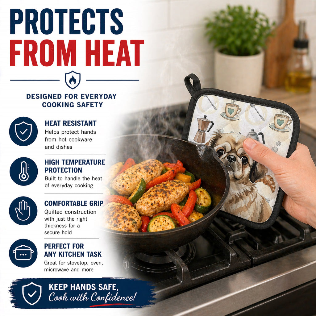Sable Pekingese Coffee Bar Pot Holder Set of 2 Heat Resistant Quilted Hot Pads 7.5 x 7.5 Inch, Insulated Kitchen Trivets for Cooking & Baking
