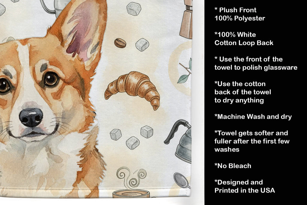 Corgi Coffee Bar Kitchen Towel Velour Plush Front and Cotton Loop Back Machine Washable