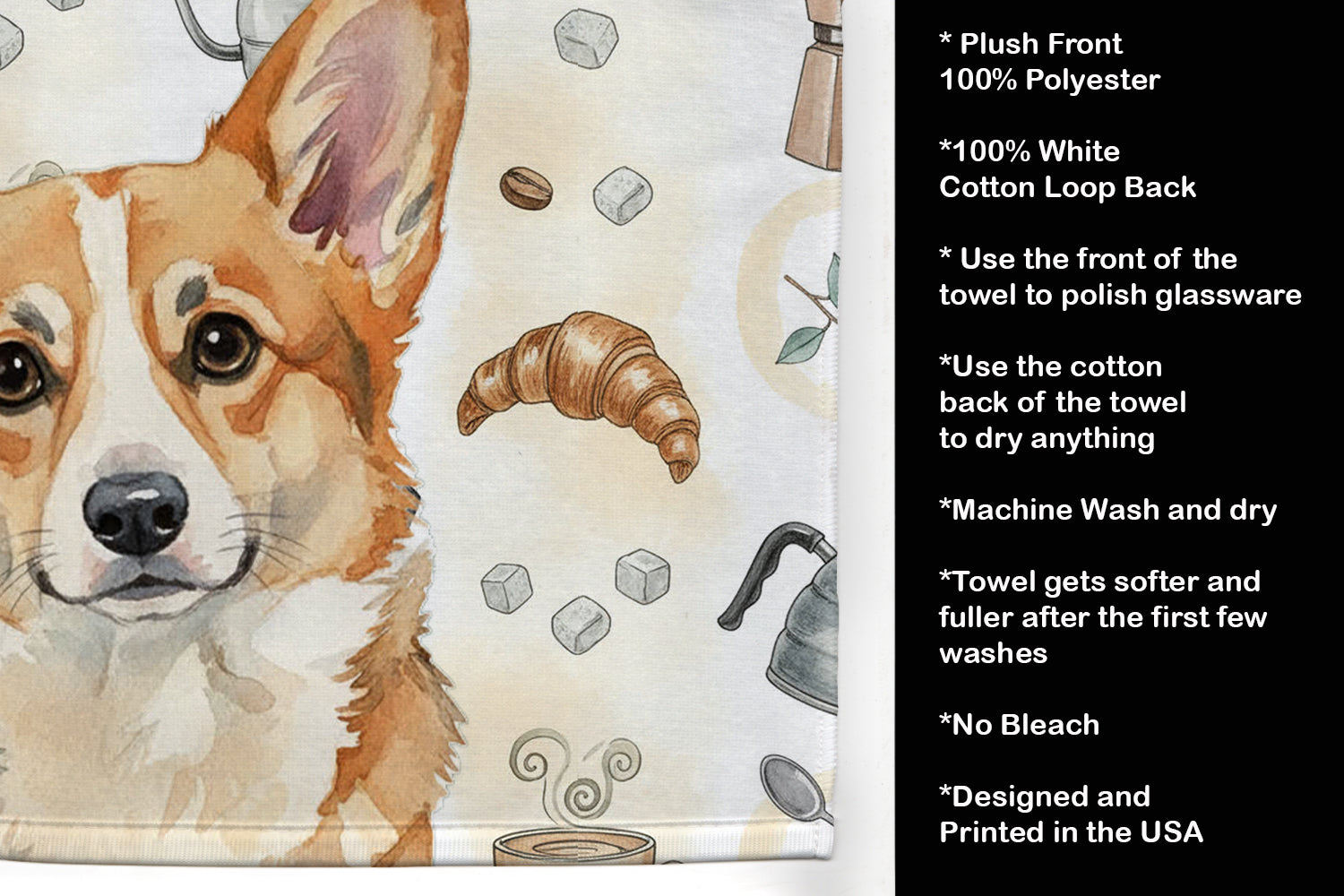 Corgi Coffee Bar Kitchen Towel Velour Plush Front and Cotton Loop Back Machine Washable